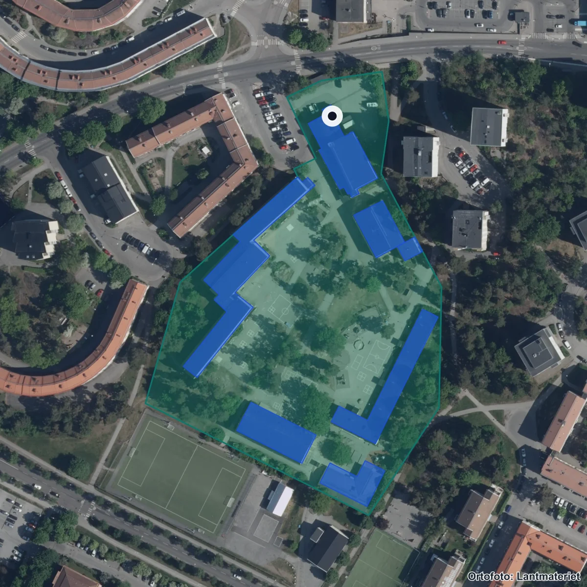 Flygbild över Fruängens skola, ortofoto från Lantmäteriet