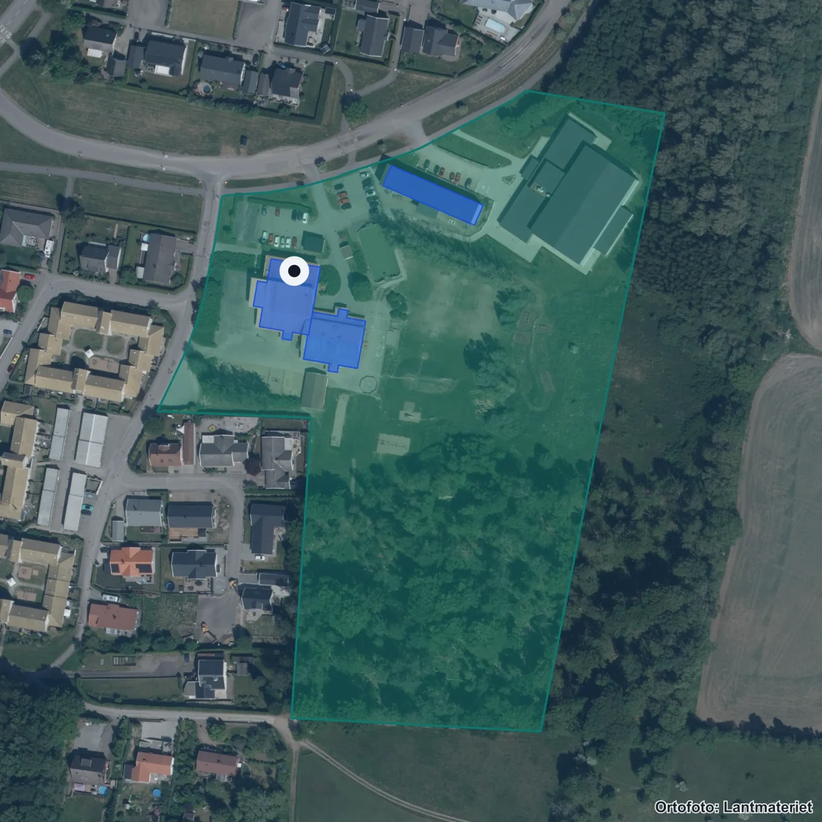 Flygbild över Tingdalsskolan, ortofoto från Lantmäteriet