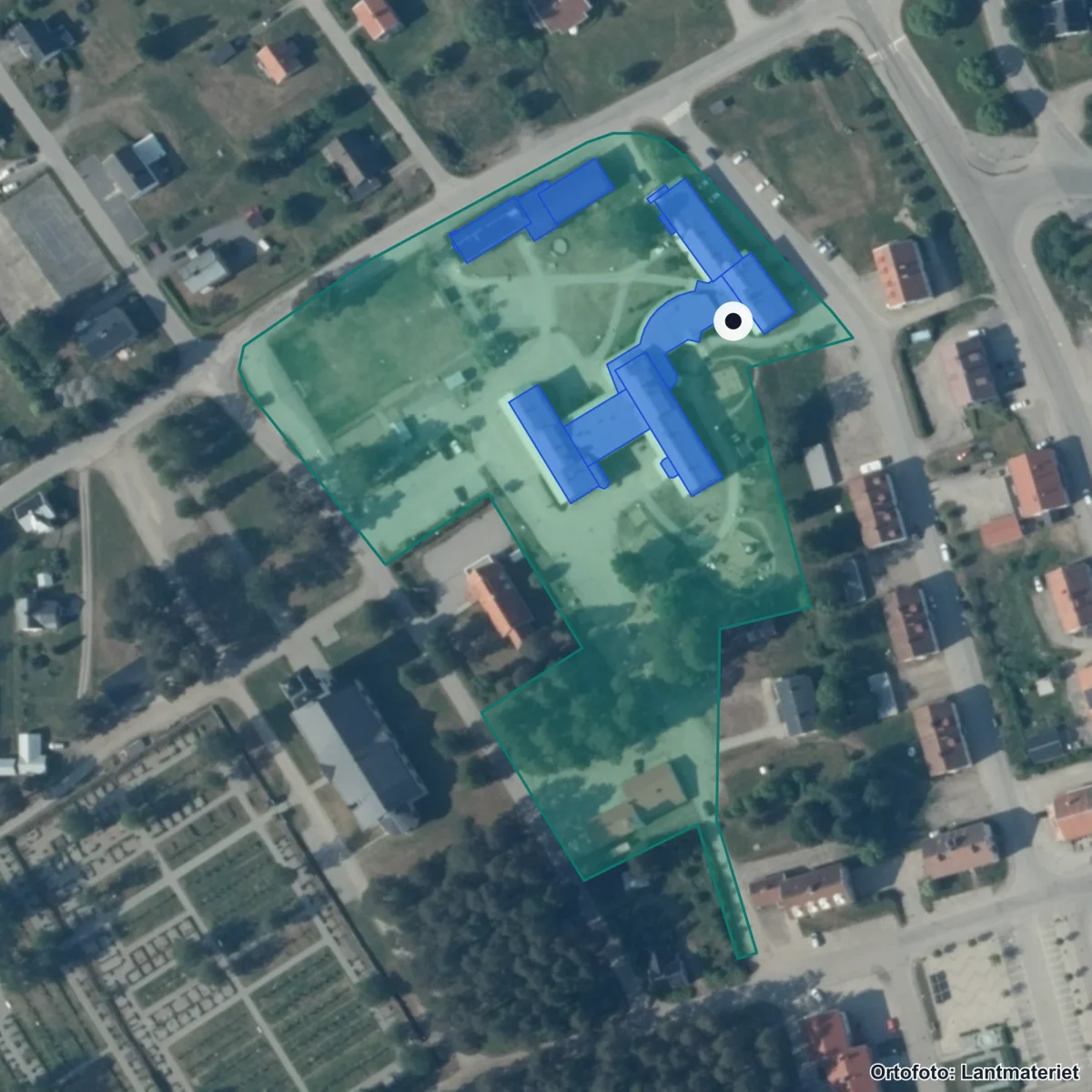 Flygbild över Ramsele skola, ortofoto från Lantmäteriet