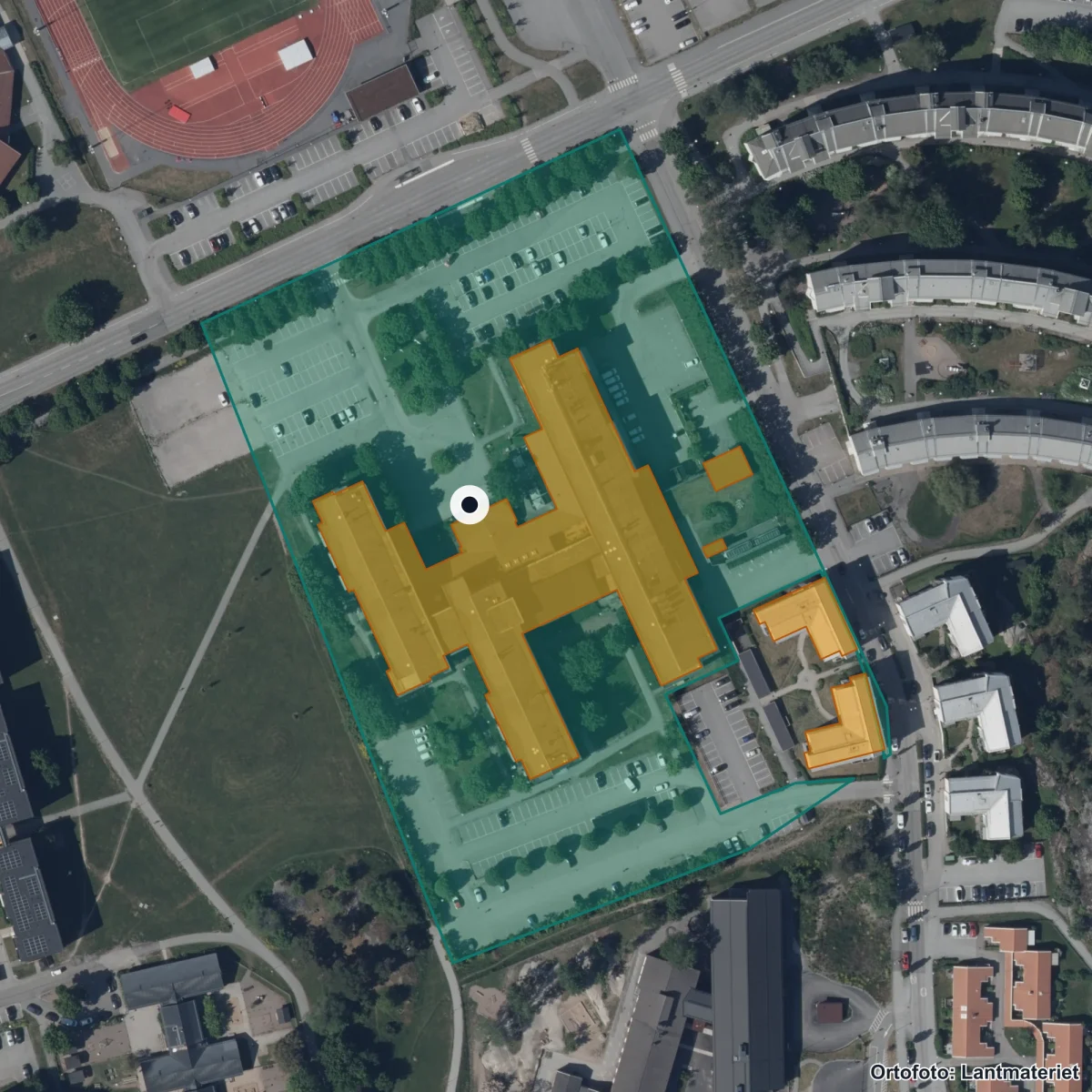 Flygbild över Modersmålsundervisningen, ortofoto från Lantmäteriet
