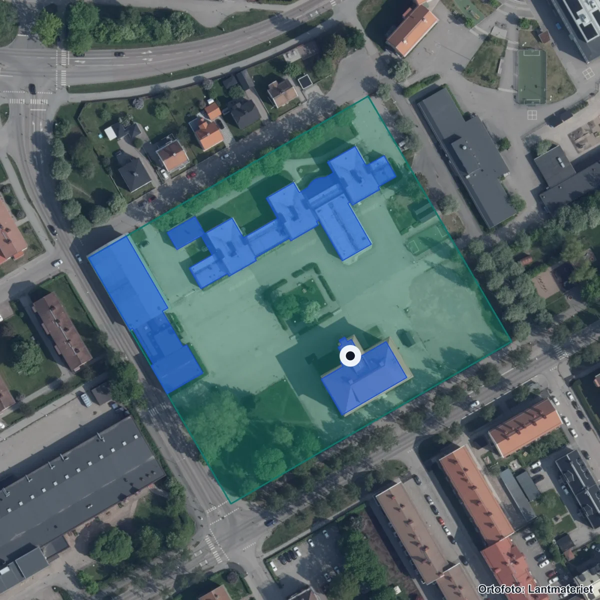 Flygbild över Borgarskolan, ortofoto från Lantmäteriet