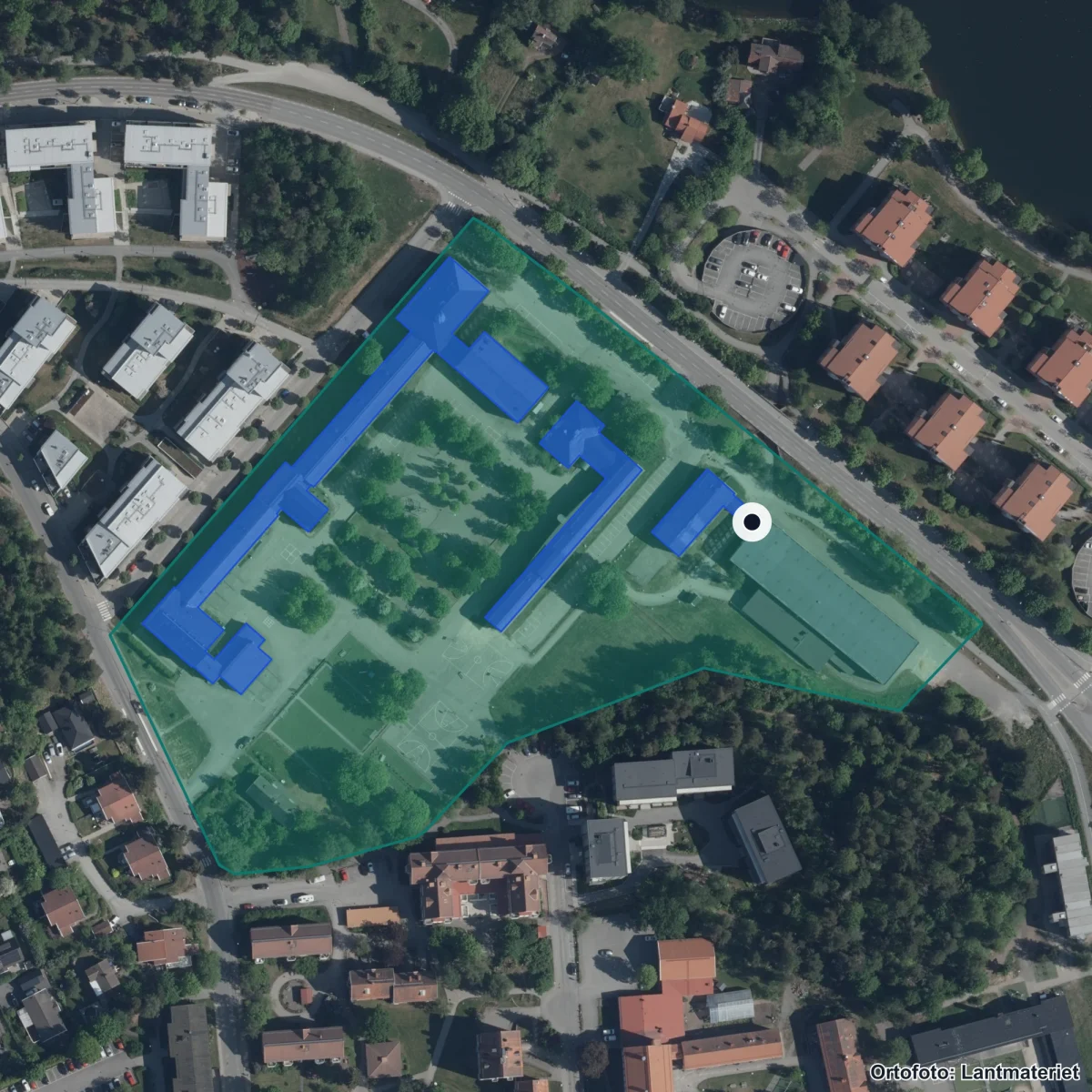 Flygbild över Sollentuna musikklasser, ortofoto från Lantmäteriet