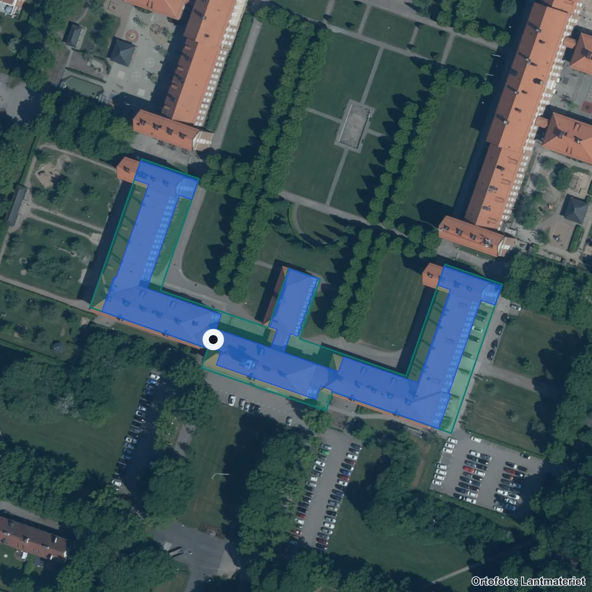 Flygbild över Borgmästarskolan, ortofoto från Lantmäteriet