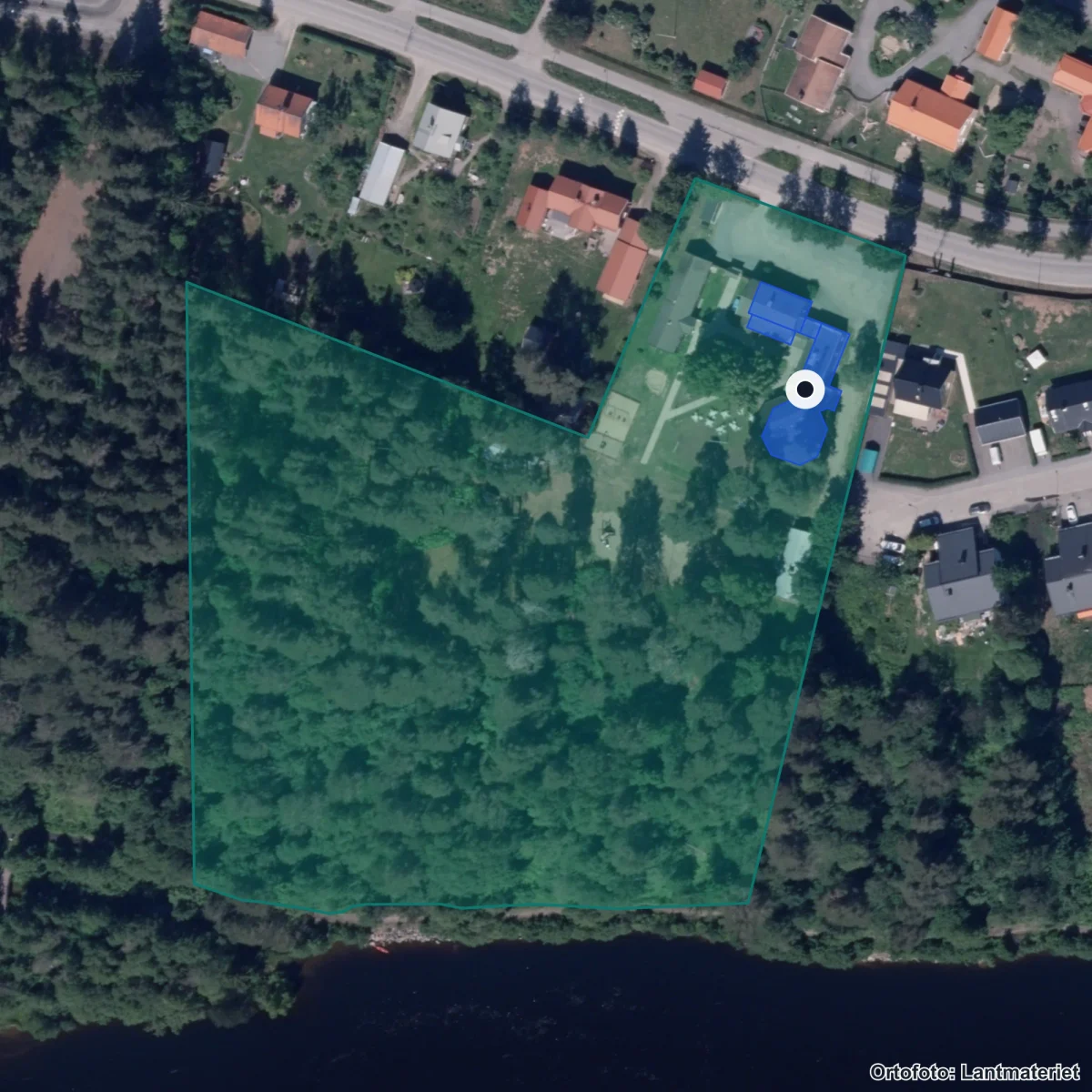 Flygbild över Mariaskolan, ortofoto från Lantmäteriet