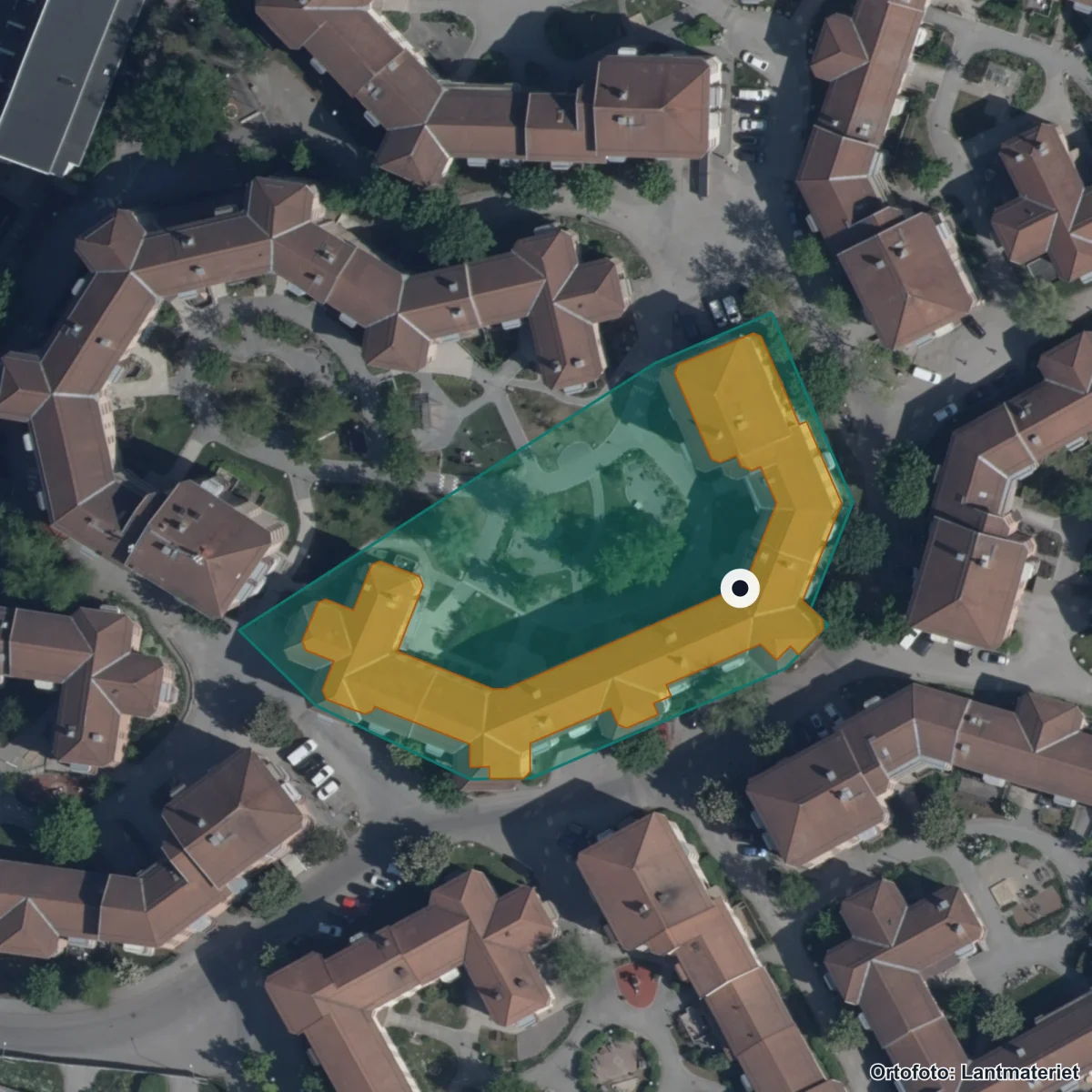 Flygbild över Sundbybergs Globala, ortofoto från Lantmäteriet