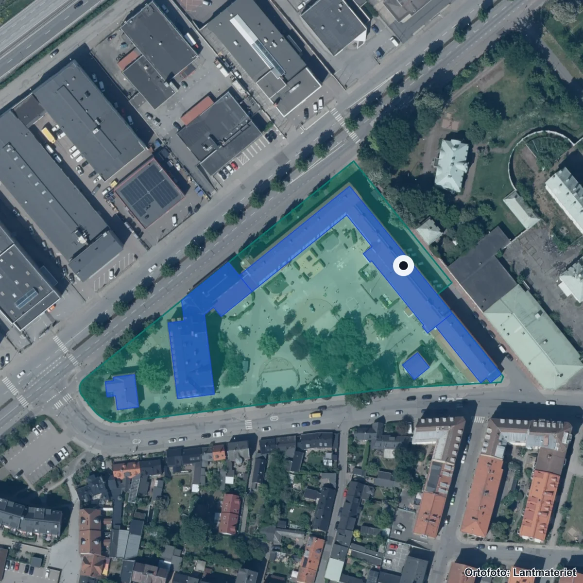 Flygbild över Kirsebergsskolan, ortofoto från Lantmäteriet