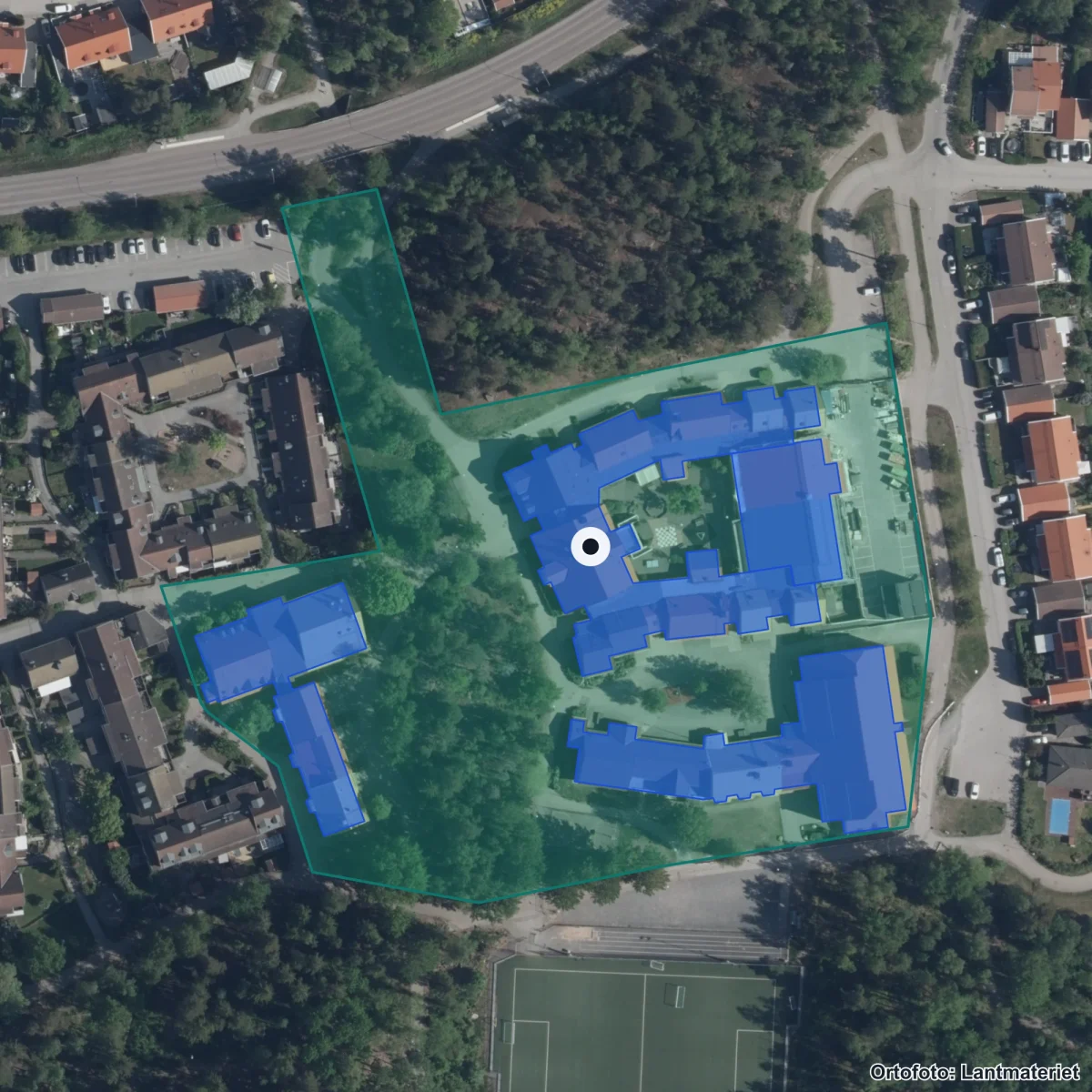 Flygbild över Nordanskolan, ortofoto från Lantmäteriet
