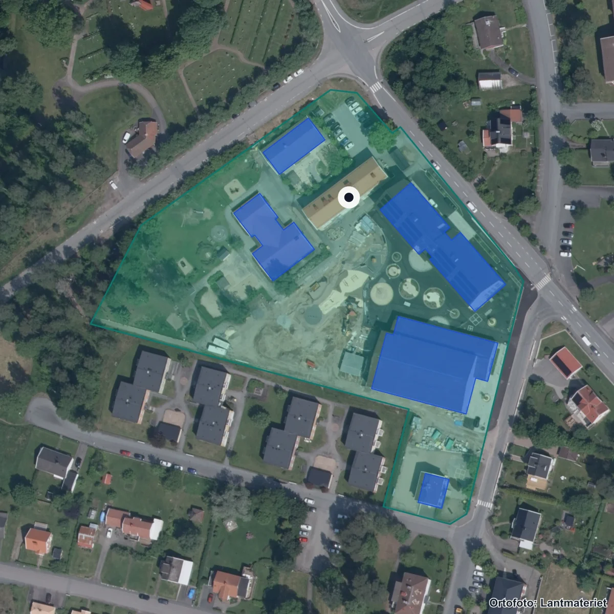 Flygbild över Bottnarydsskolan, ortofoto från Lantmäteriet