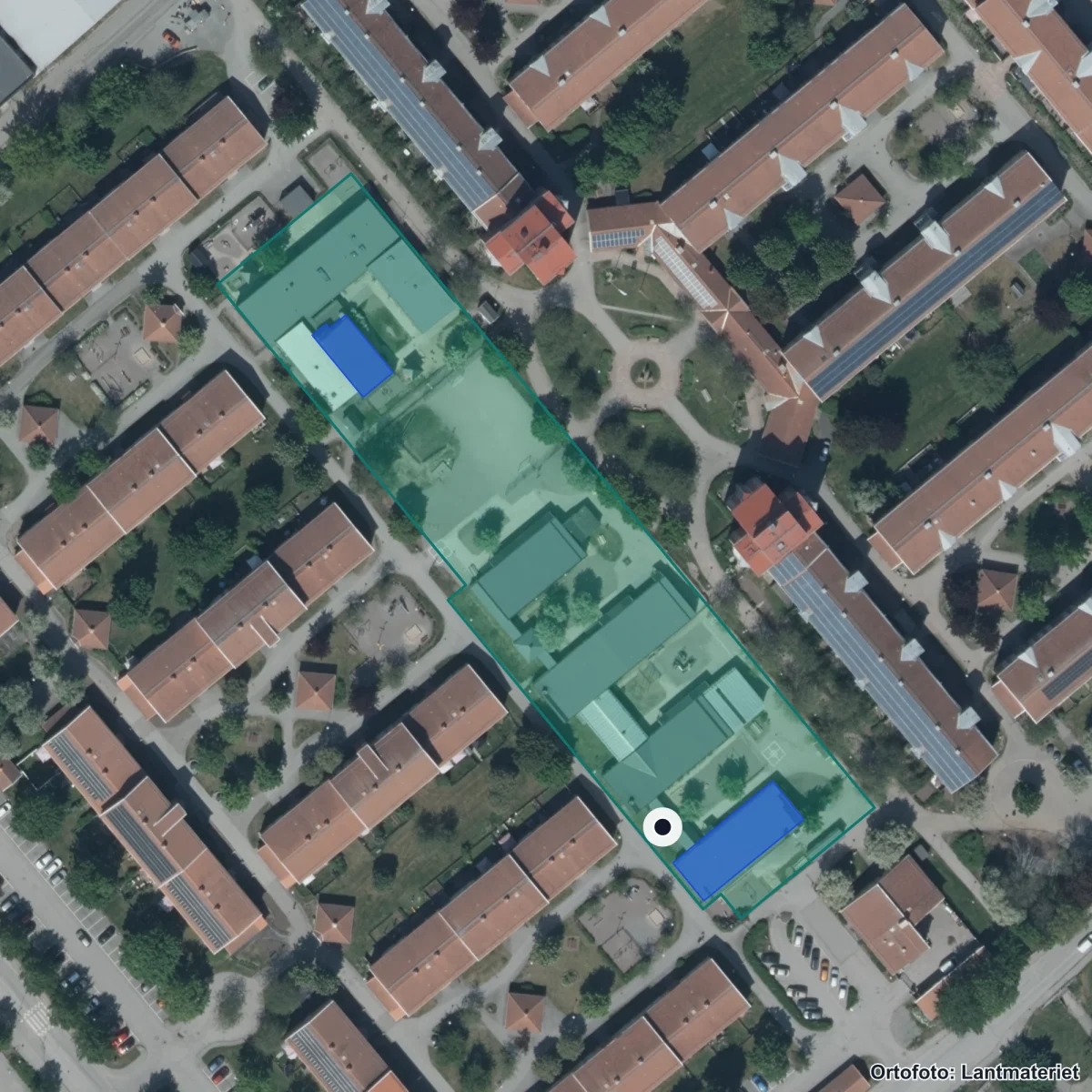 Flygbild över Läraskolan, ortofoto från Lantmäteriet