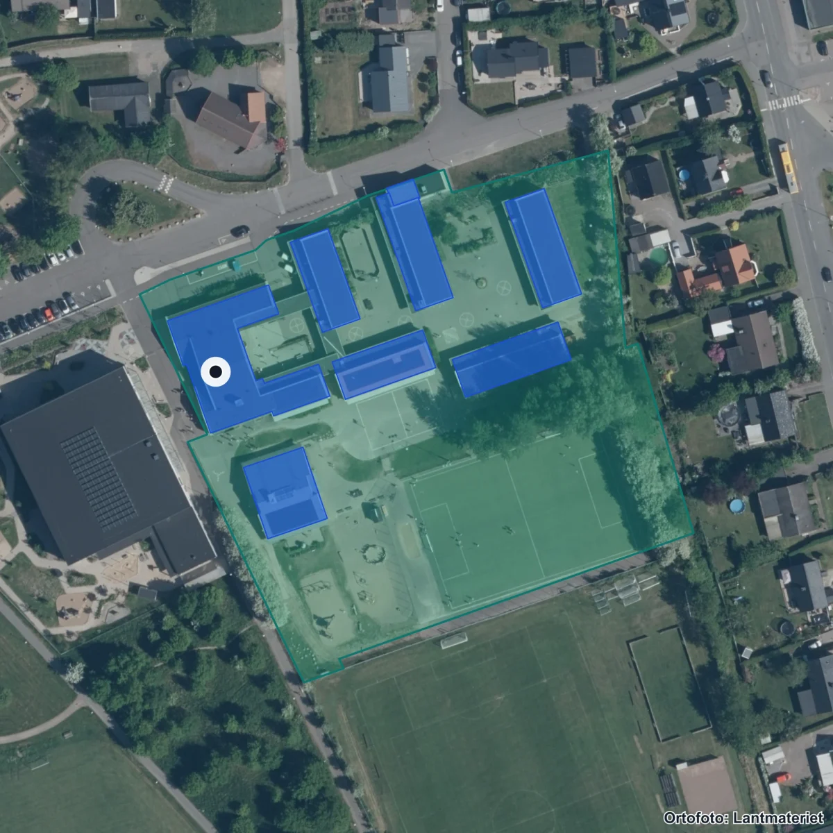 Flygbild över Gantofta skola, ortofoto från Lantmäteriet