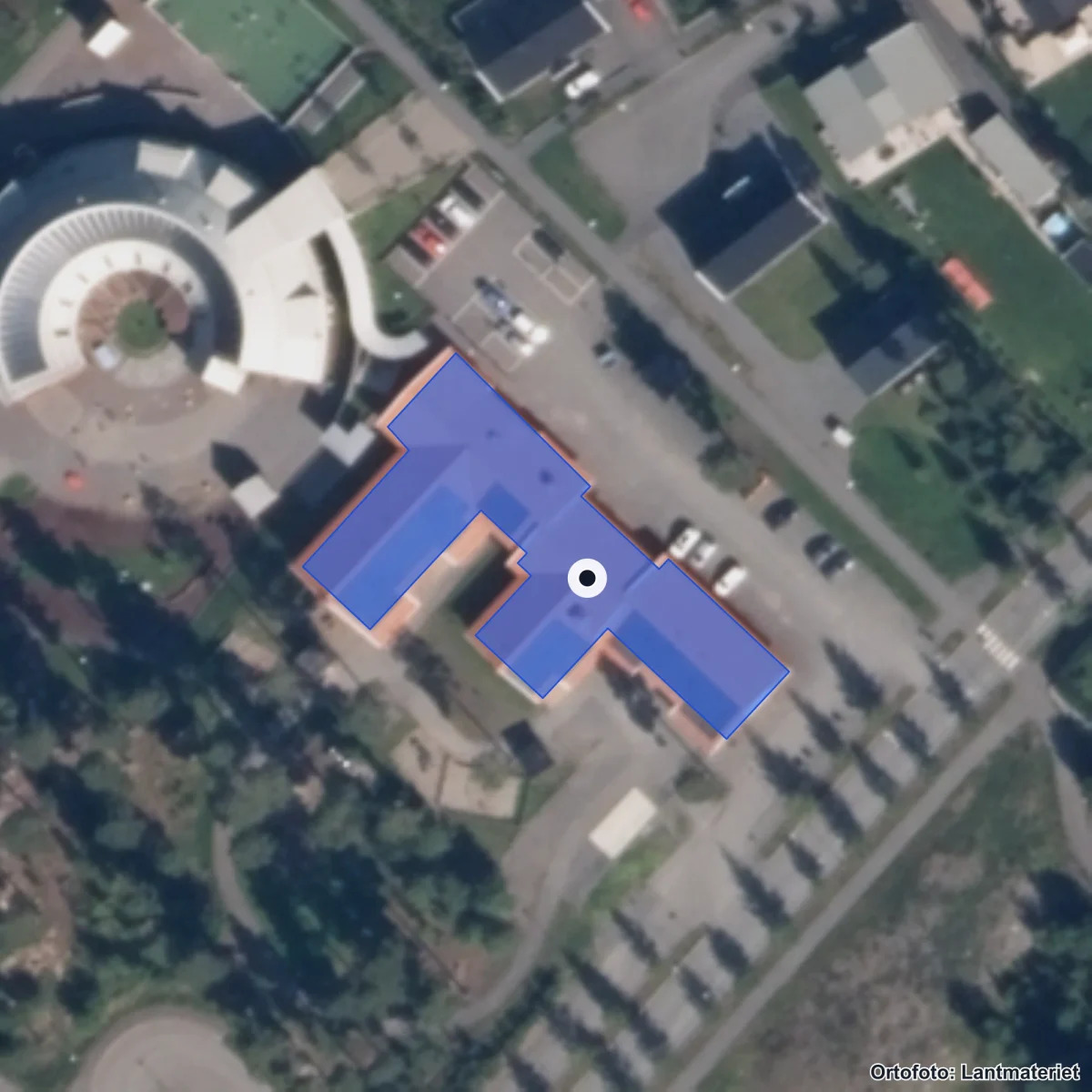 Flygbild över Sånghusvallens skola, ortofoto från Lantmäteriet