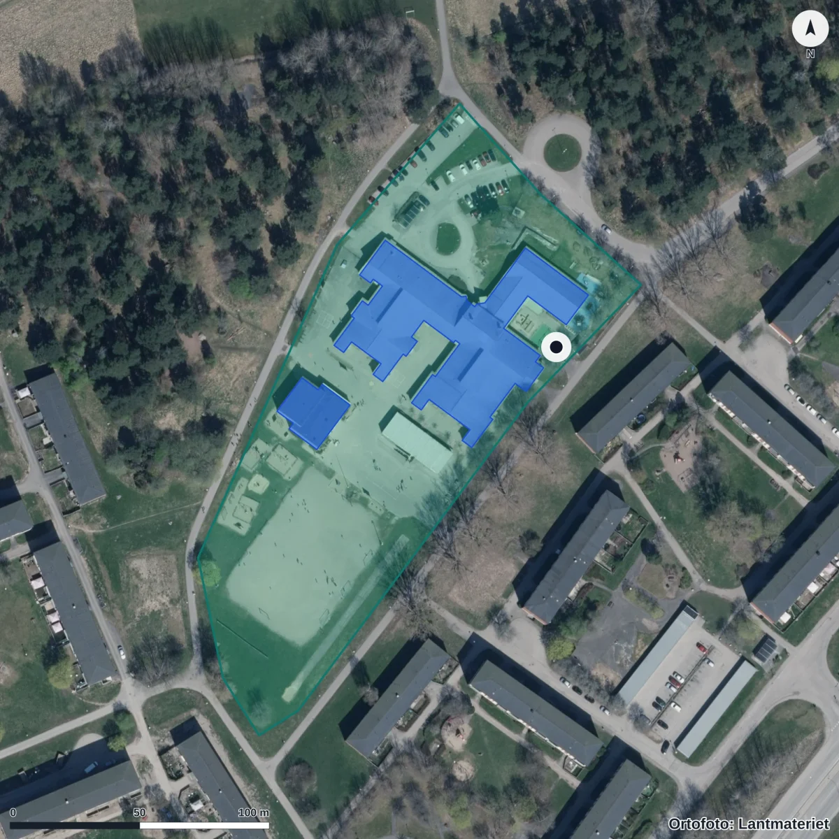 Flygbild över Anpassad grundskola Ärsta, ortofoto från Lantmäteriet