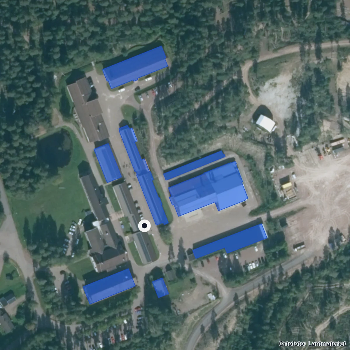 Flygbild över Älvdalens Utbildningscentrum, ortofoto från Lantmäteriet