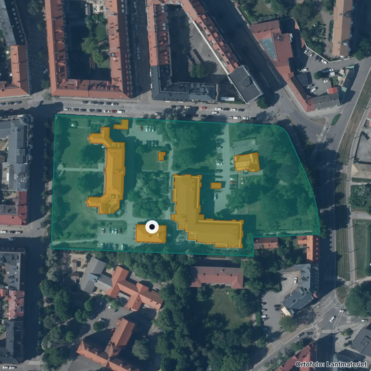 Flygbild över Spira Teoretiska Gymnasium Lund, ortofoto från Lantmäteriet