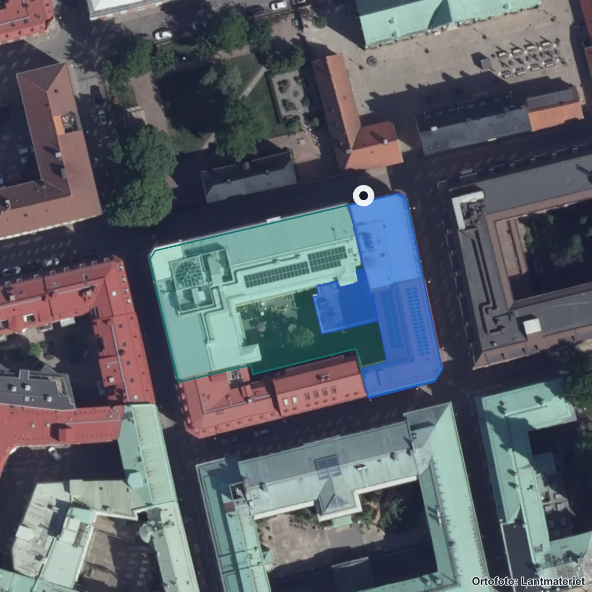 Flygbild över Drottning Blankas Gymnasieskola Göteborg Centrum, ortofoto från Lantmäteriet