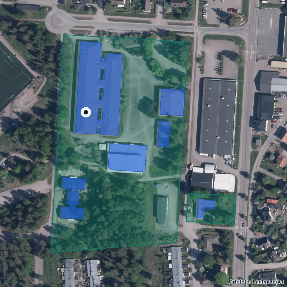 Flygbild över Kristinebergskolan, ortofoto från Lantmäteriet
