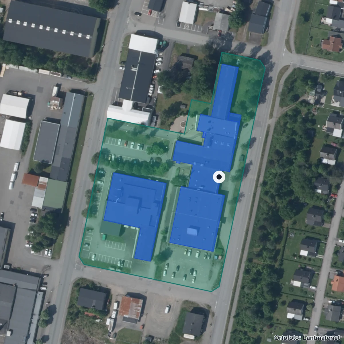 Flygbild över Aleholmsgymnasiet, ortofoto från Lantmäteriet