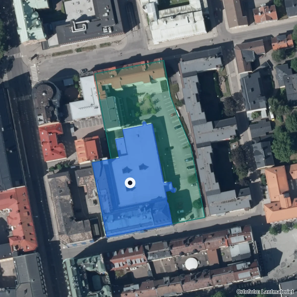 Flygbild över JENSEN gymnasium Linköping, ortofoto från Lantmäteriet