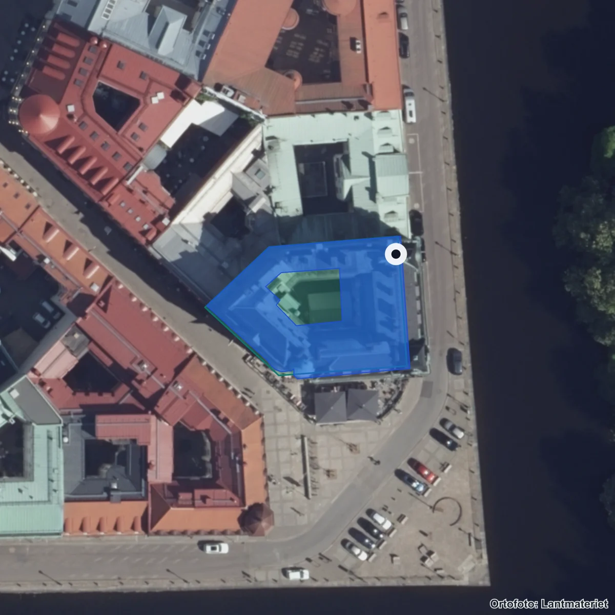 Flygbild över JENSEN gymnasium Göteborg, ortofoto från Lantmäteriet