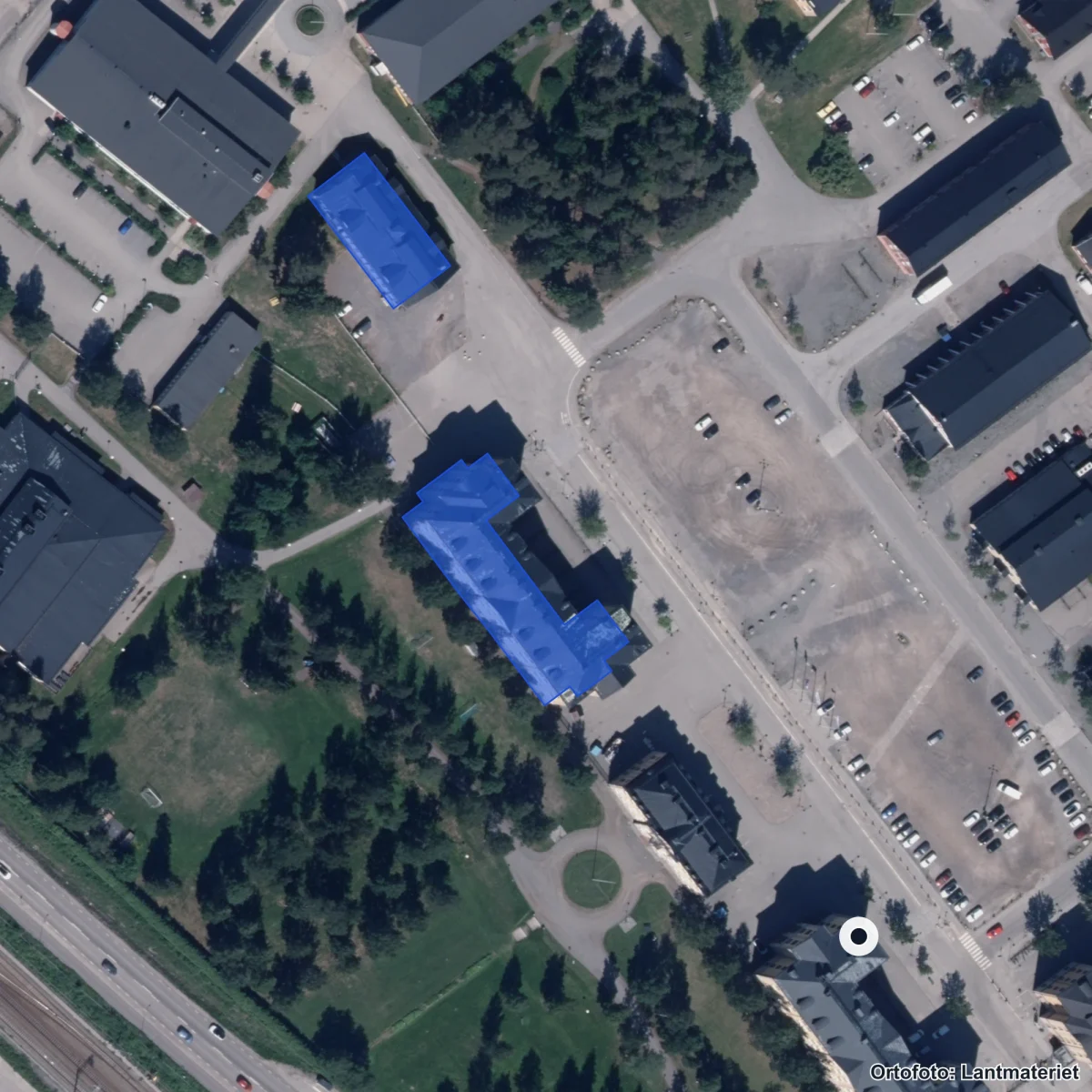 Flygbild över Pedagogiskt stödcentrum, ortofoto från Lantmäteriet