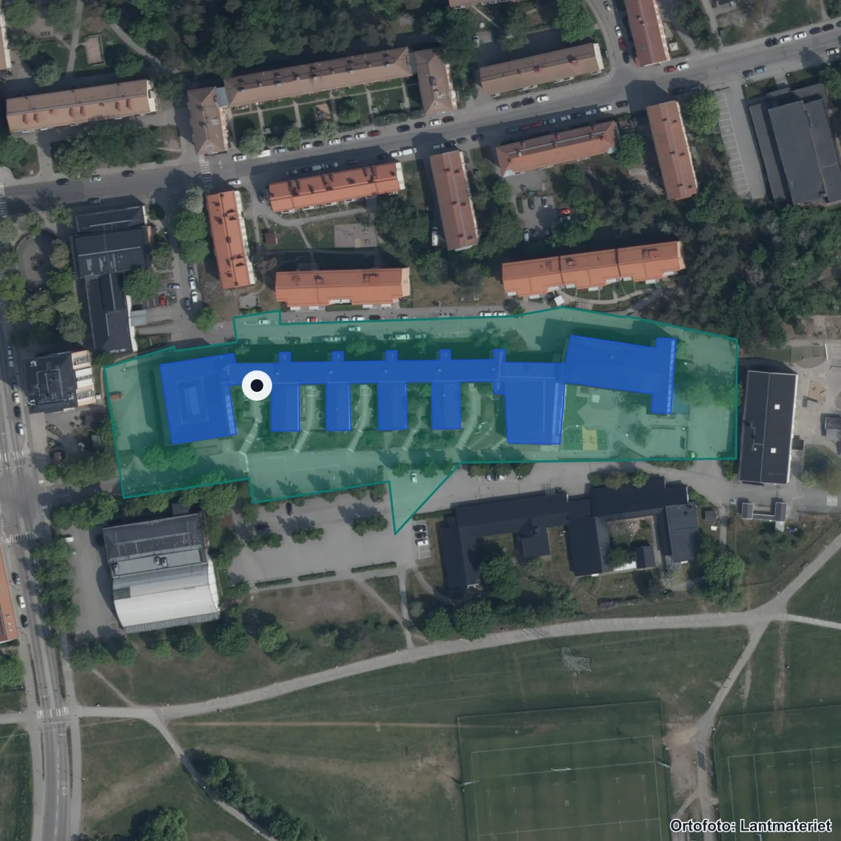 Flygbild över Internationella Engelska Skolan Enskede, ortofoto från Lantmäteriet