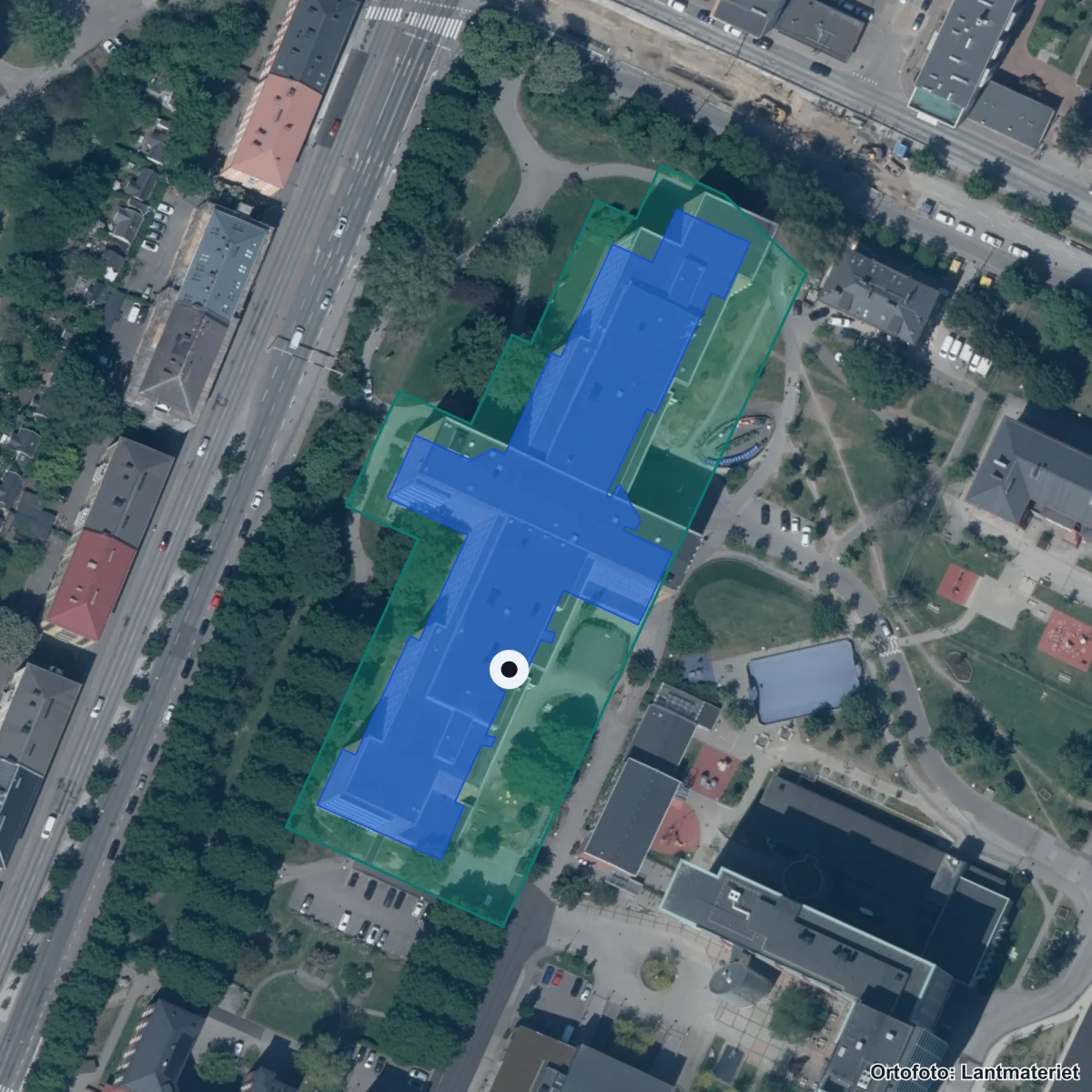 Flygbild över Östra Skolan Dibber, ortofoto från Lantmäteriet