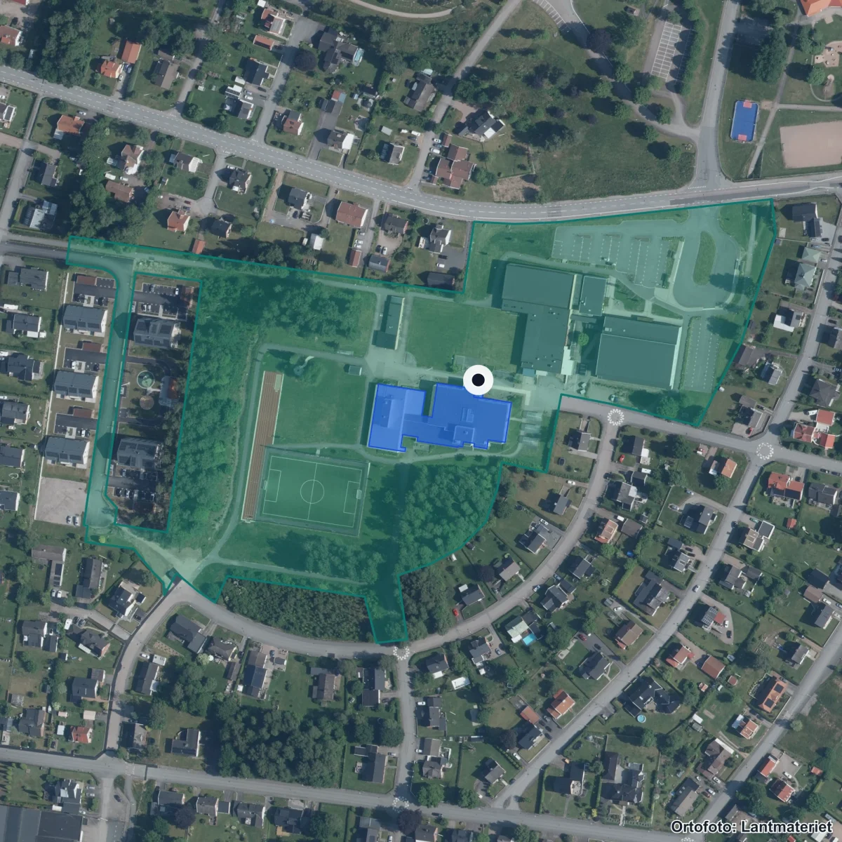 Flygbild över Nordinskolan, ortofoto från Lantmäteriet