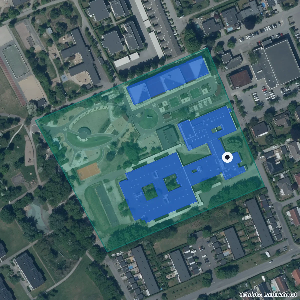 Flygbild över Bjärehovskolan, ortofoto från Lantmäteriet