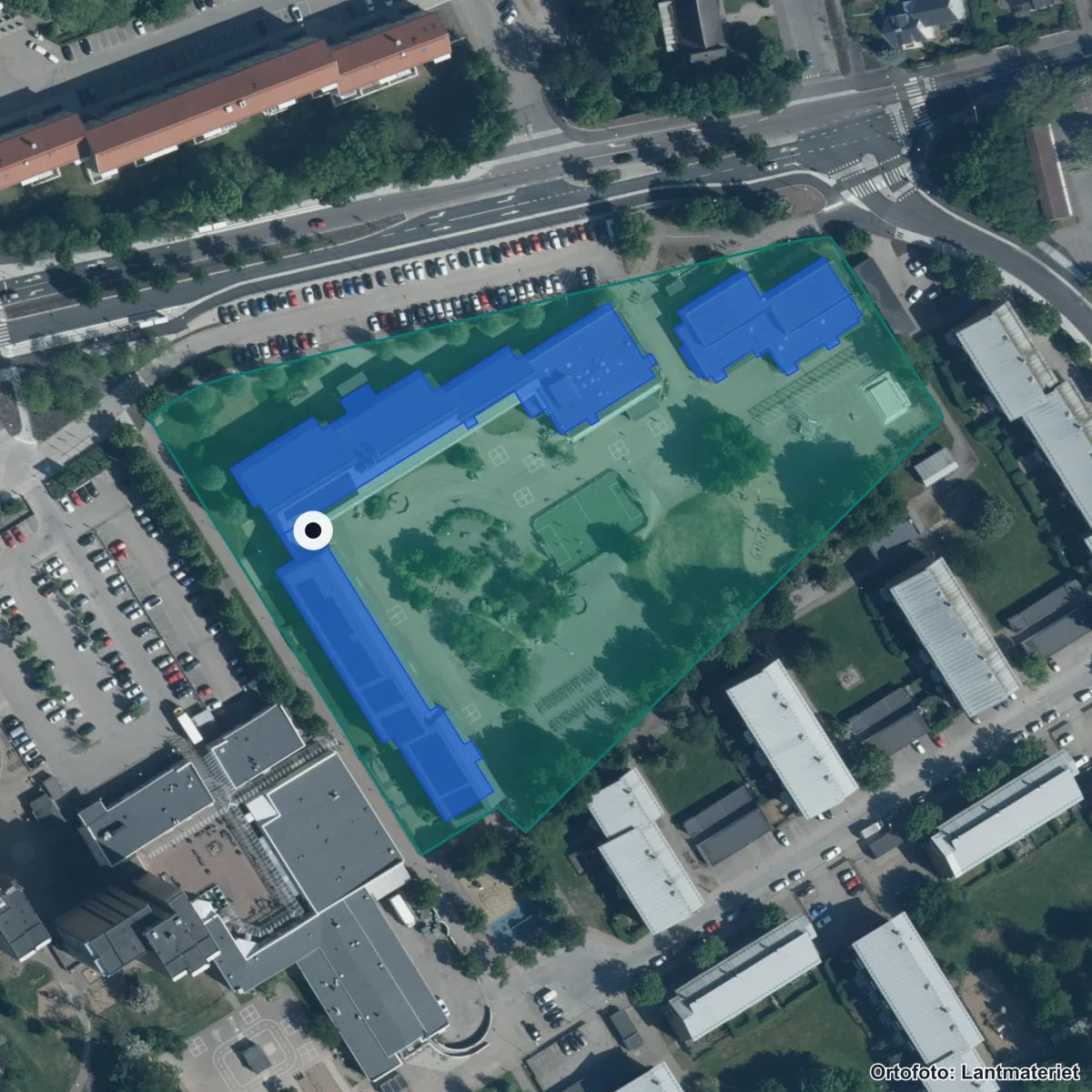 Flygbild över Elinebergsskolan, ortofoto från Lantmäteriet