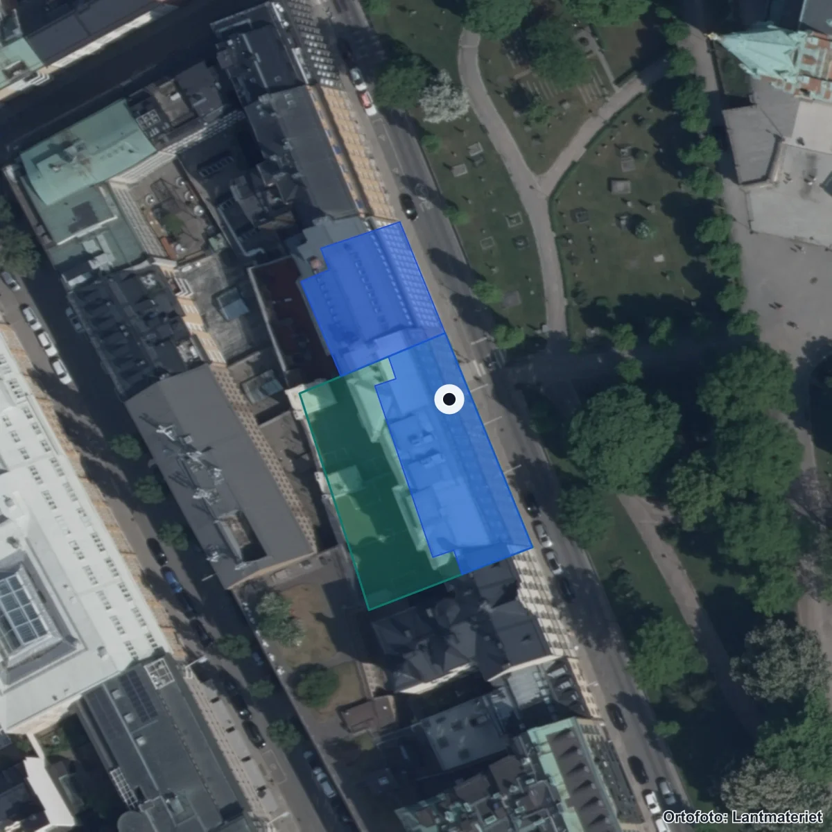 Flygbild över Franska Skolan/Ecole francaise, ortofoto från Lantmäteriet