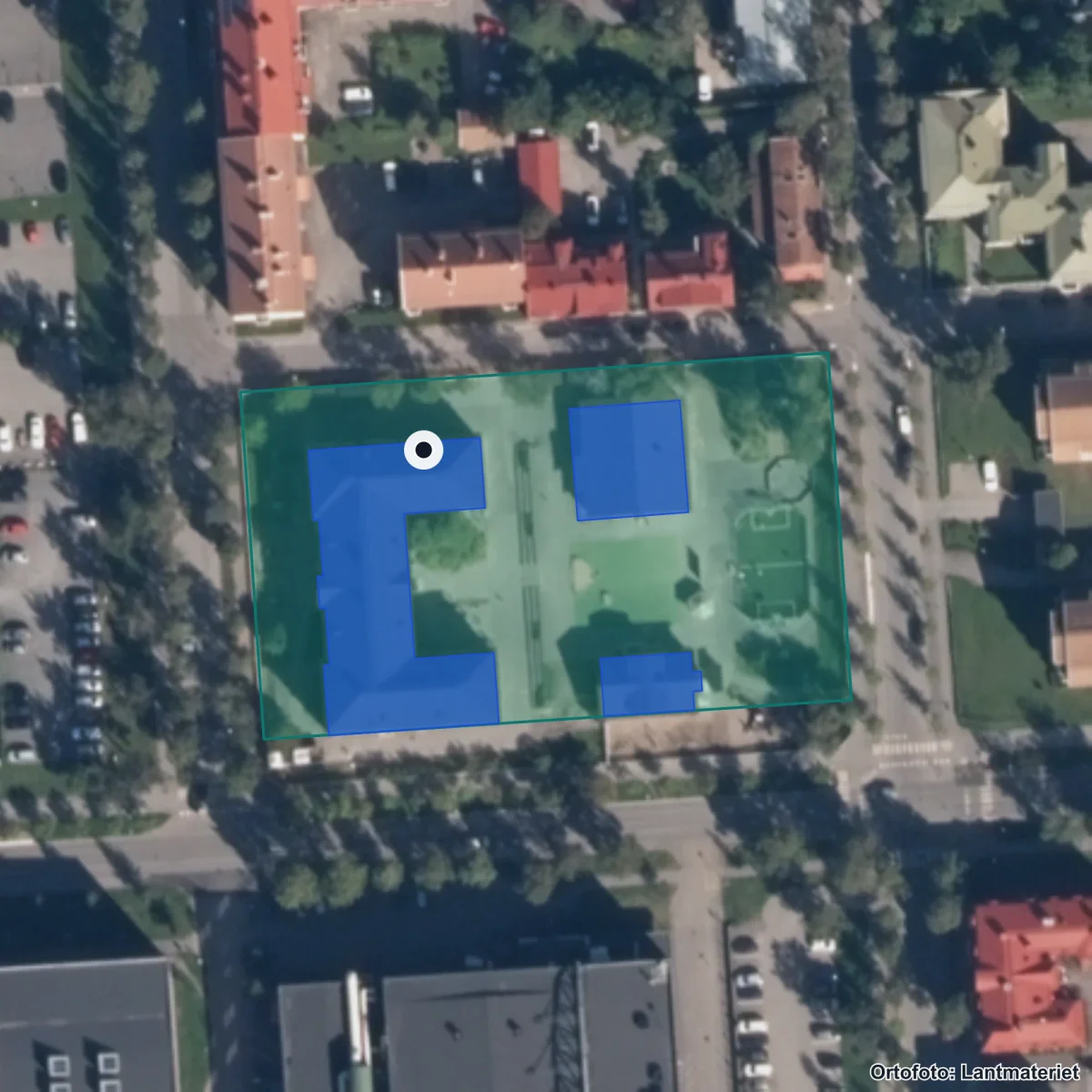 Flygbild över Norra skolan, ortofoto från Lantmäteriet