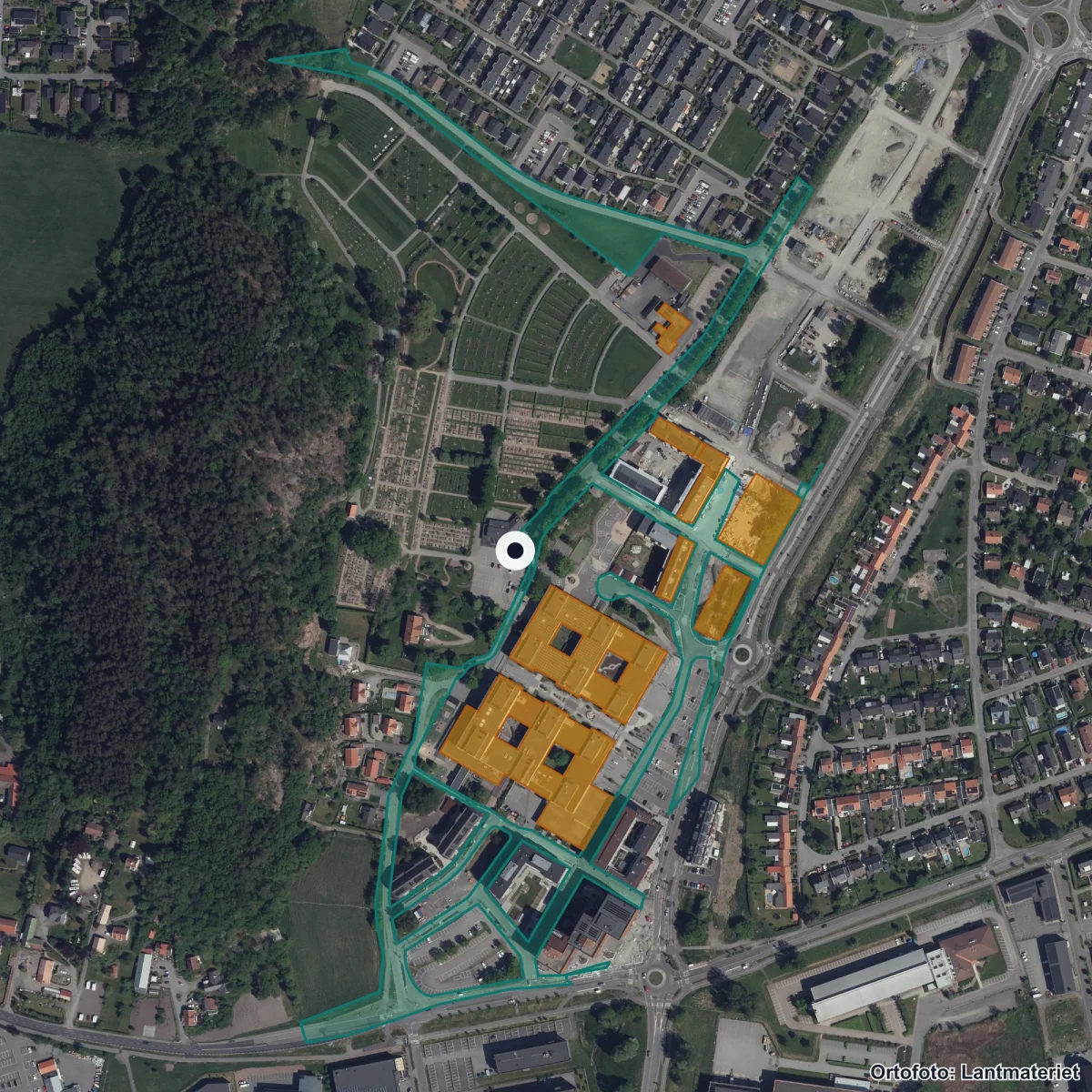 Flygbild över Innovitaskolan Mölndal, ortofoto från Lantmäteriet