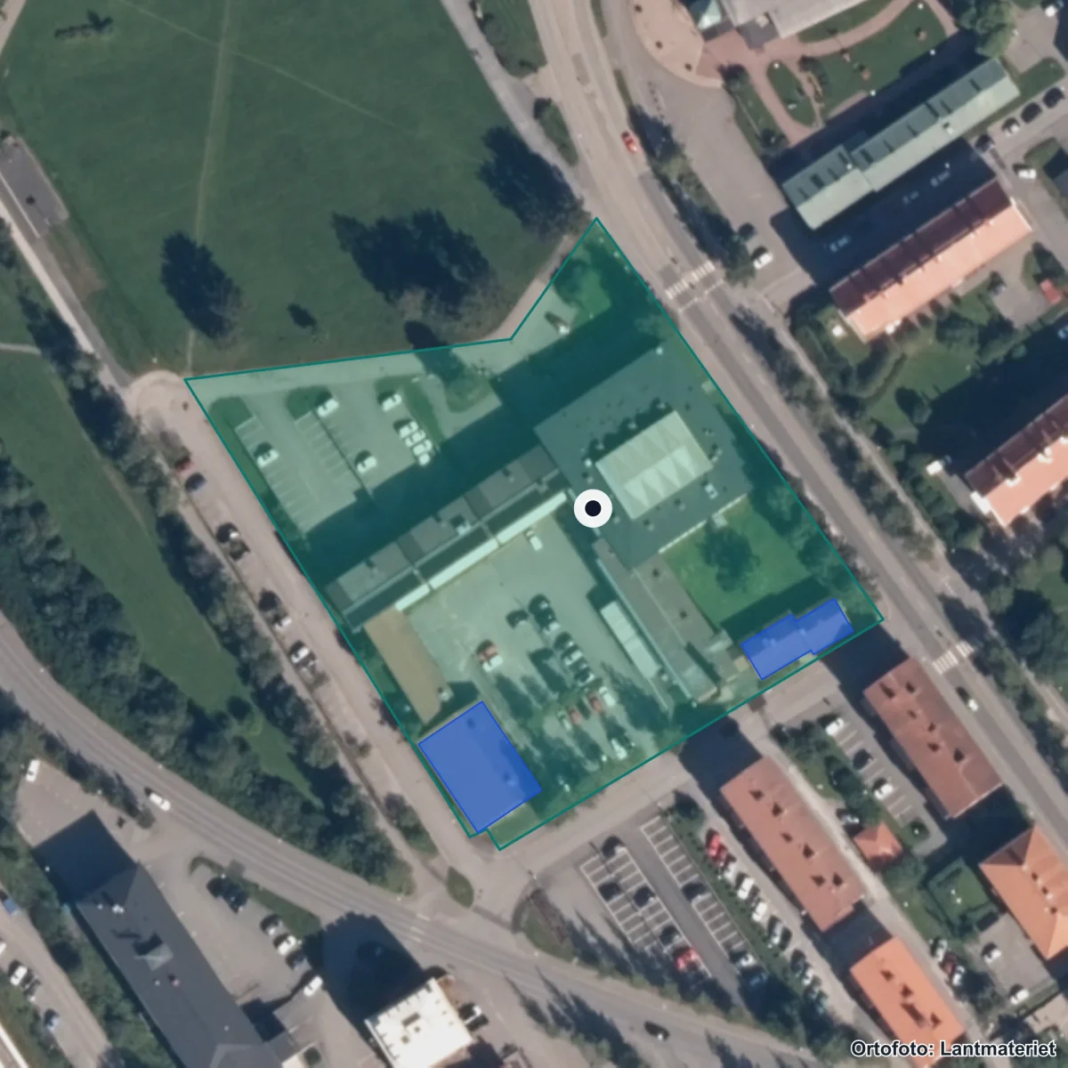 Flygbild över Elevhälsan, ortofoto från Lantmäteriet