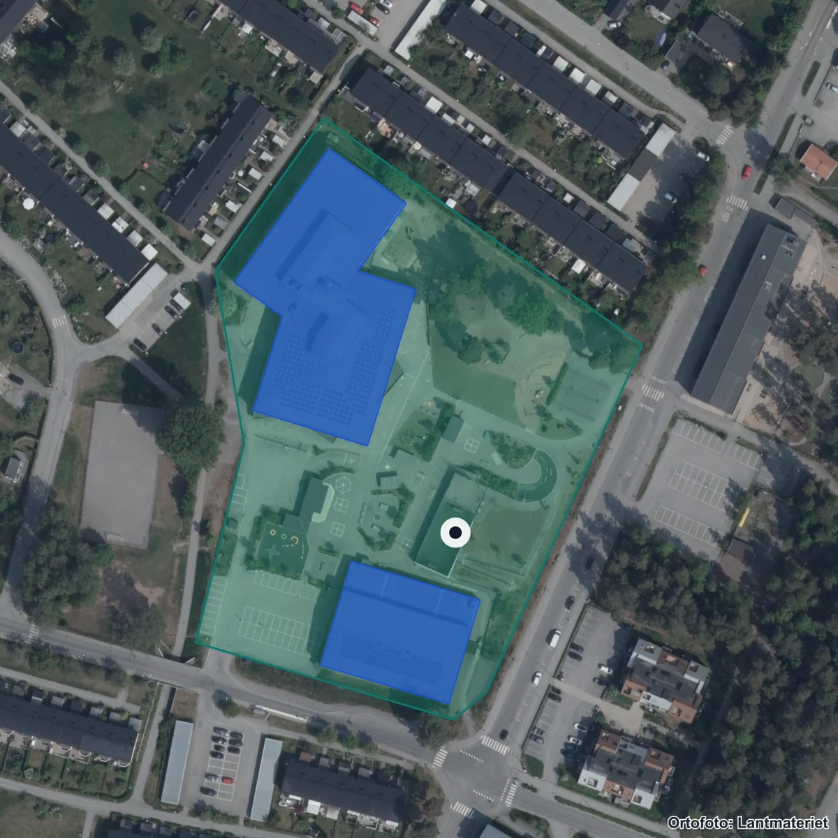 Flygbild över Sigfridsborgs skola, ortofoto från Lantmäteriet