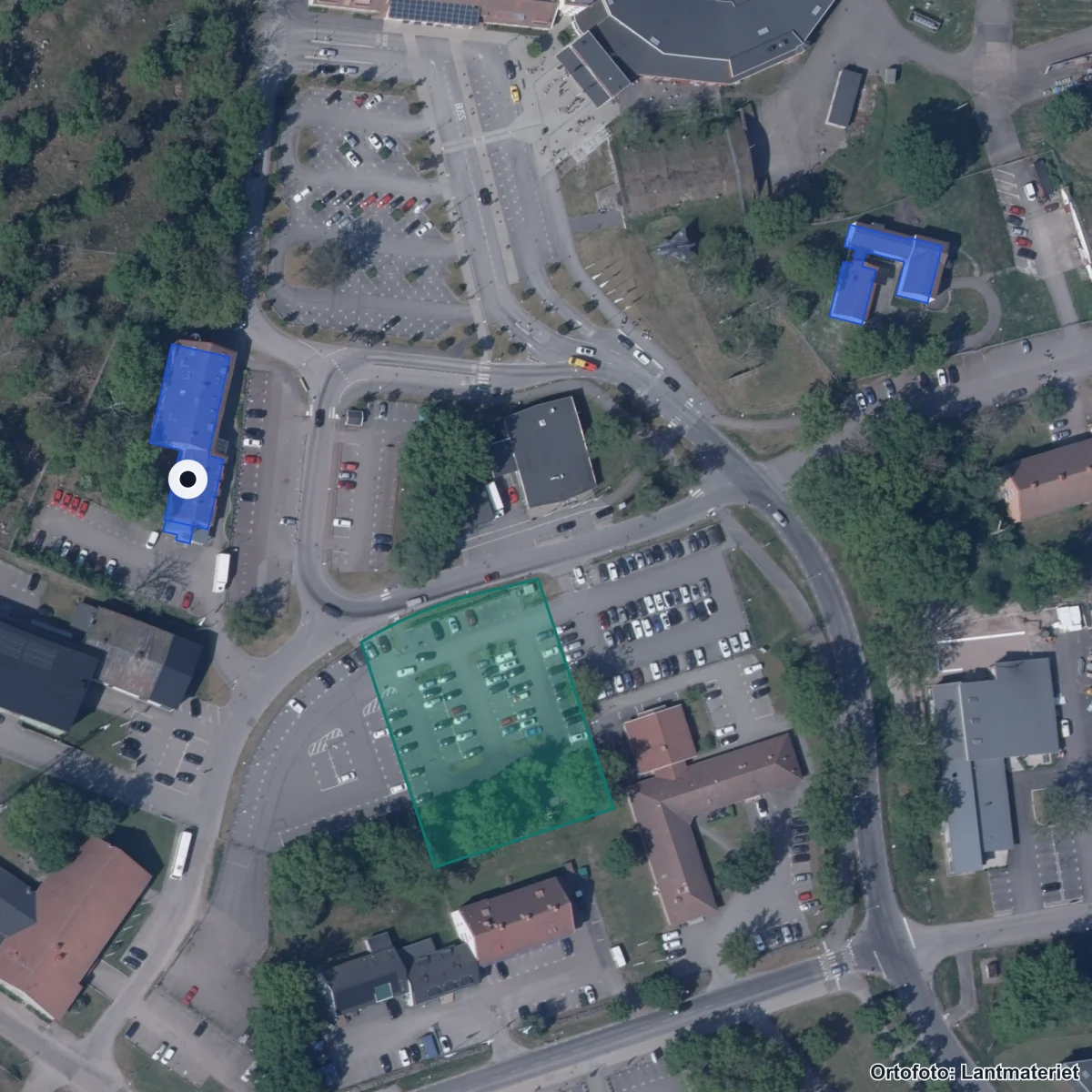 Flygbild över SYAB Transportgymnasium, ortofoto från Lantmäteriet