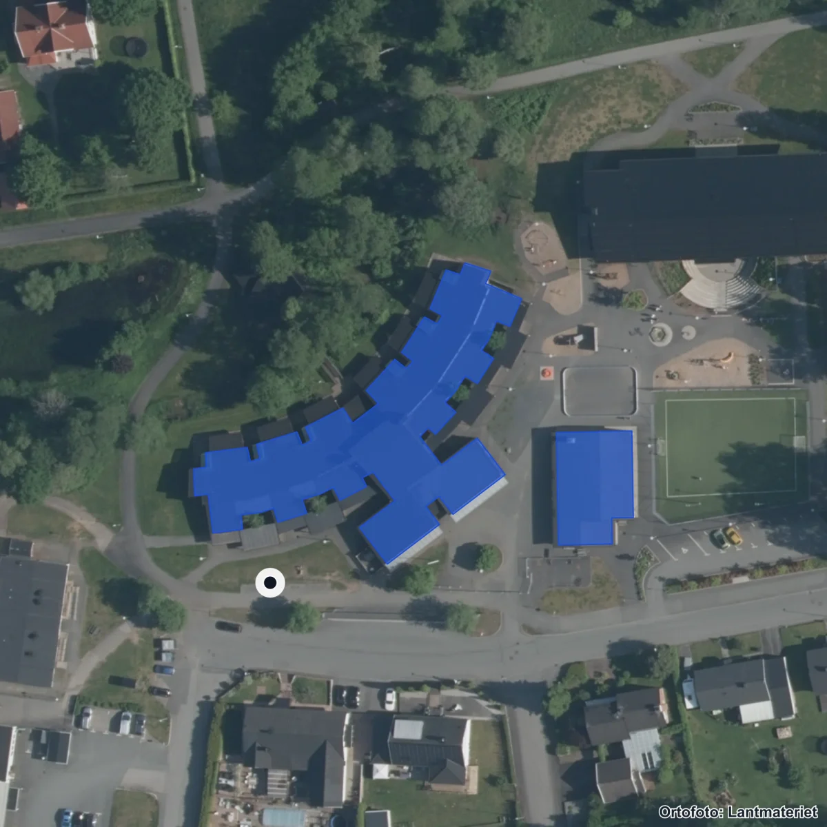 Flygbild över Sörgårdsskolan, ortofoto från Lantmäteriet