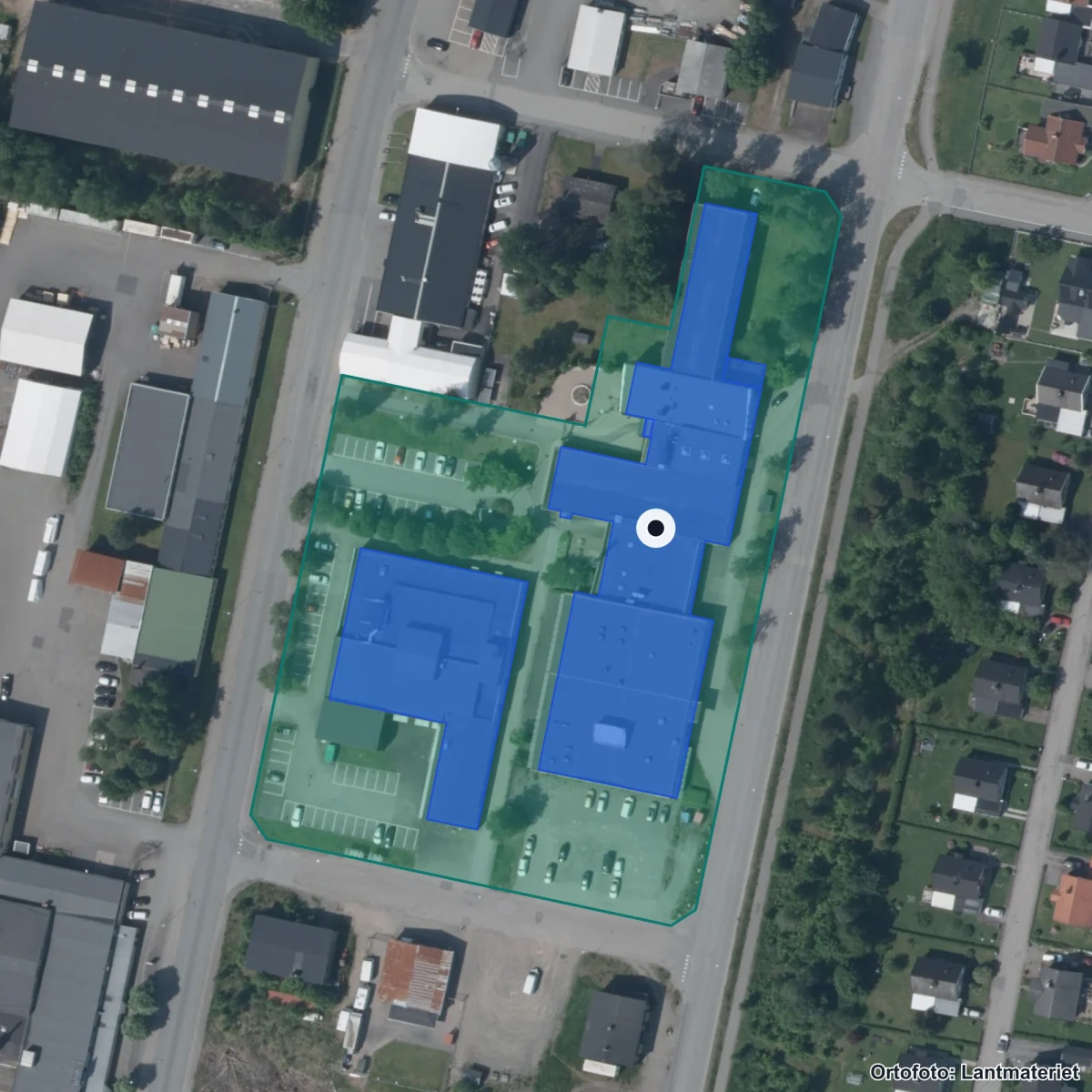 Flygbild över Aleholmsgymnasiet, ortofoto från Lantmäteriet