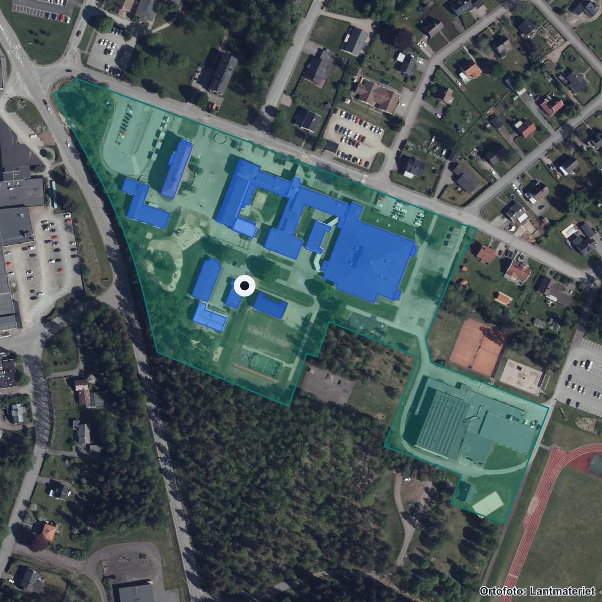 Flygbild över Anpassad grundskola, ortofoto från Lantmäteriet