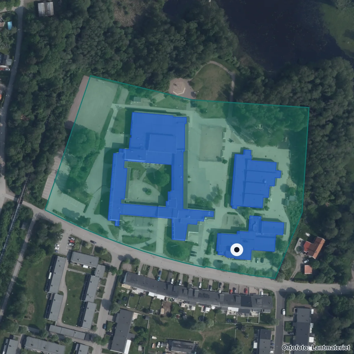 Flygbild över Lillhagsskolan, ortofoto från Lantmäteriet