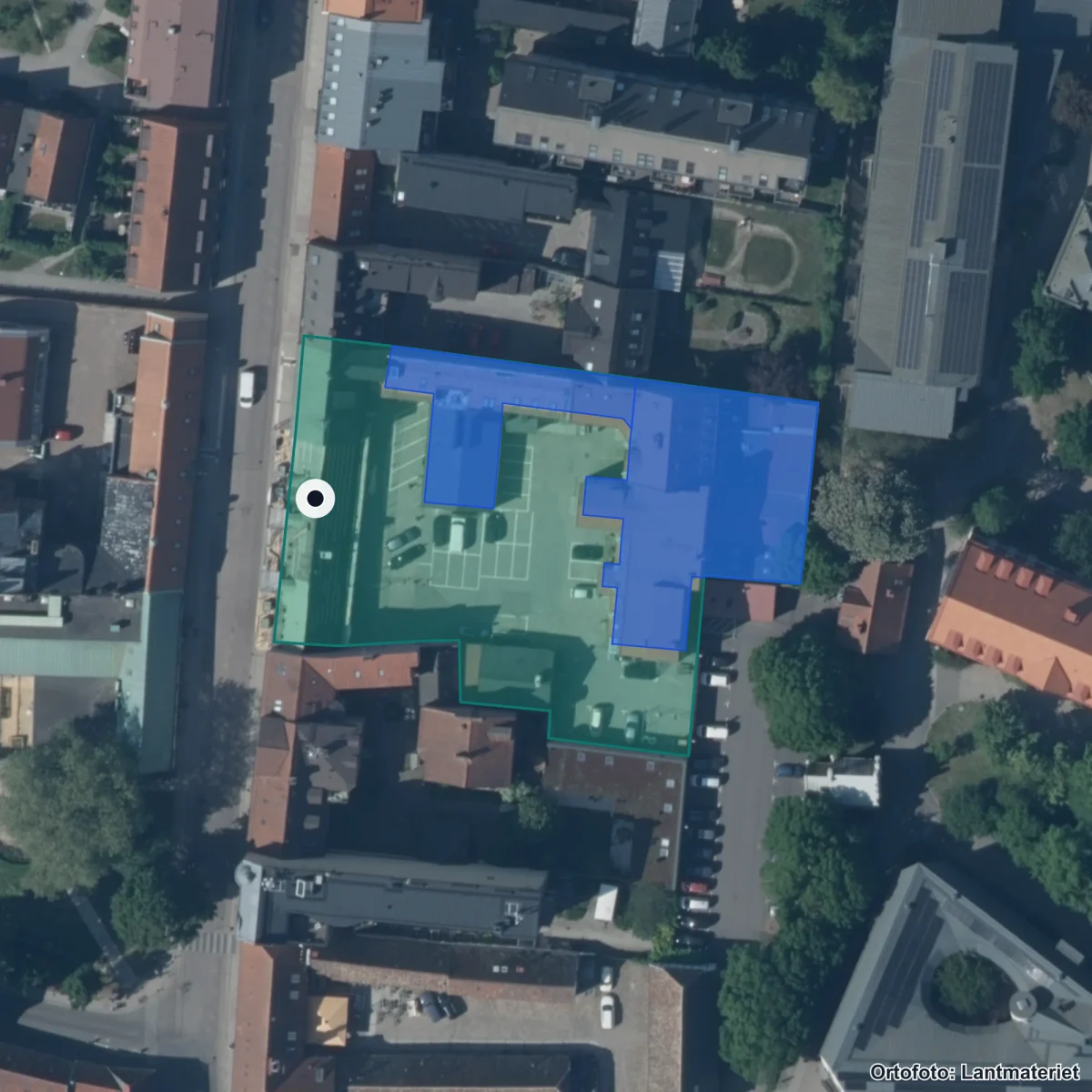 Flygbild över LBS Kreativa Gymnasiet Lund, ortofoto från Lantmäteriet
