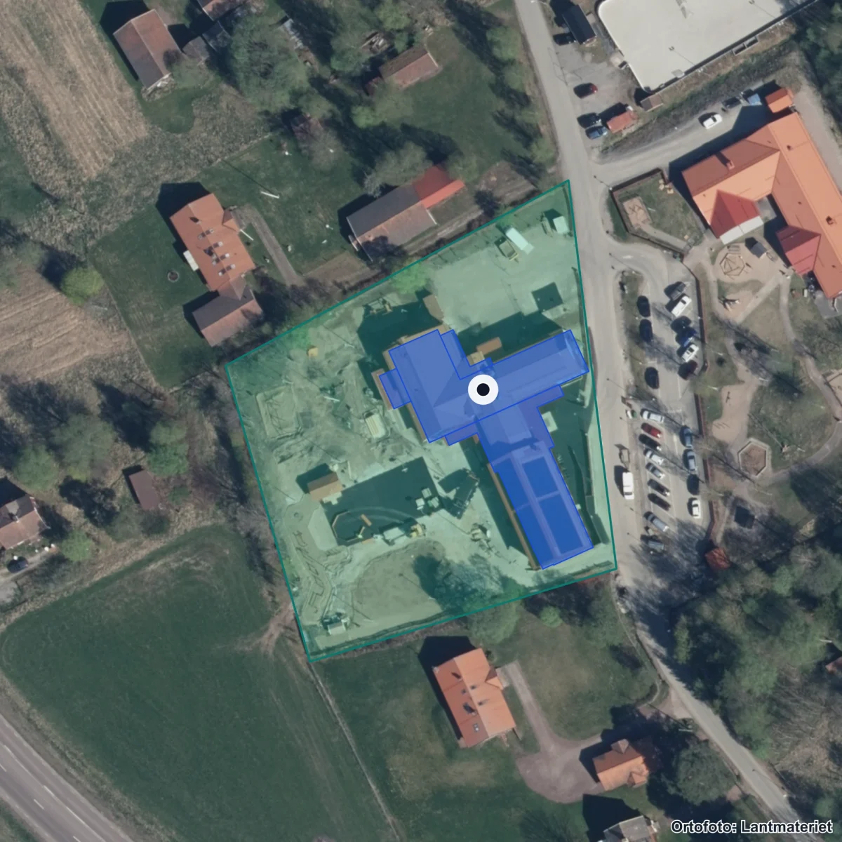 Flygbild över Söderås skola, ortofoto från Lantmäteriet