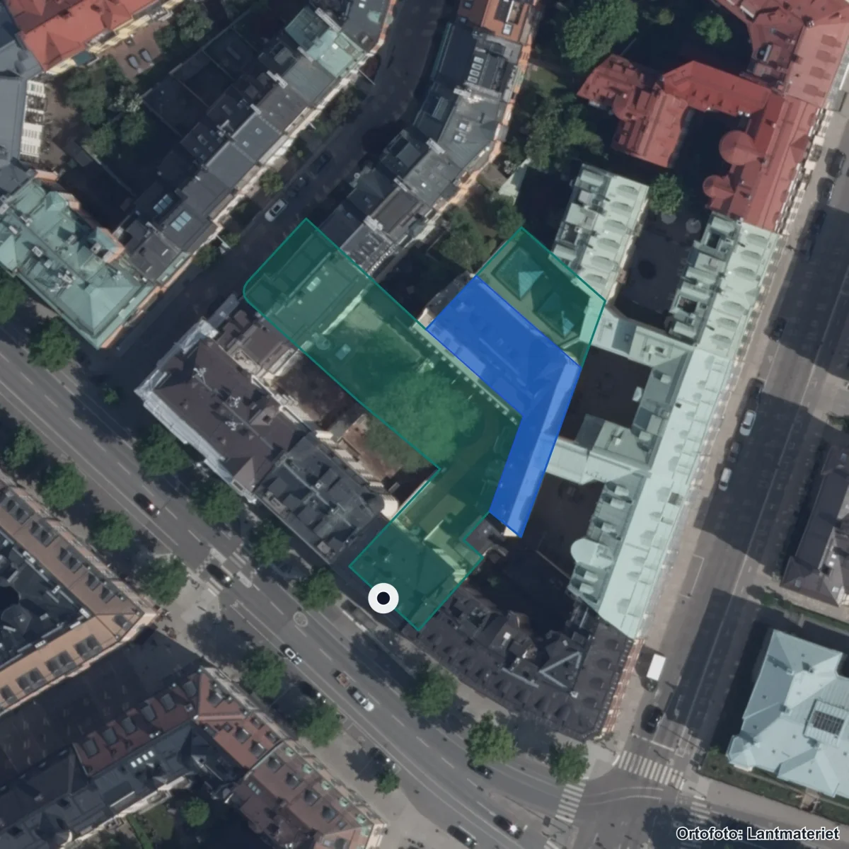Flygbild över Tyska Skolan, ortofoto från Lantmäteriet