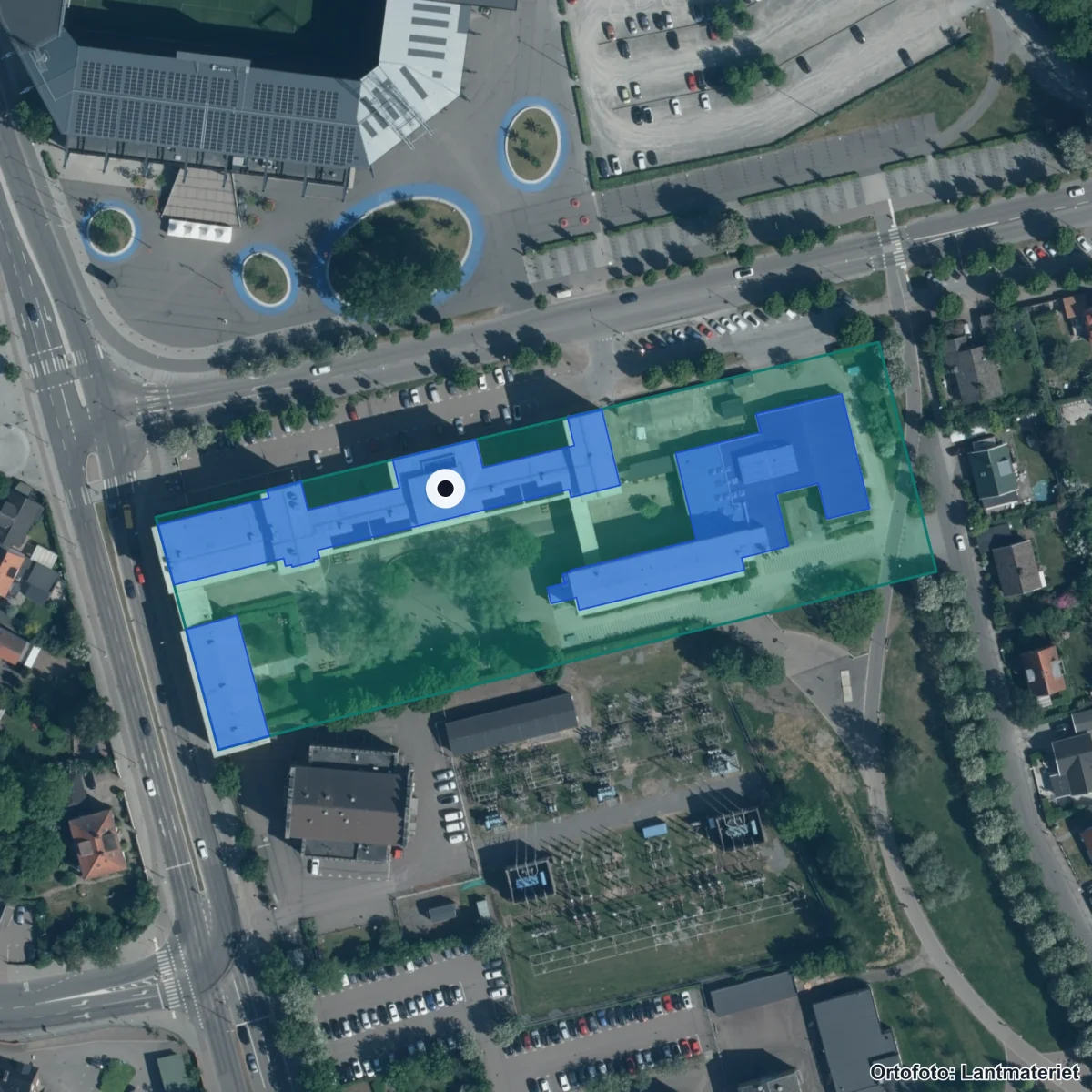 Flygbild över Olympiaskolan, ortofoto från Lantmäteriet