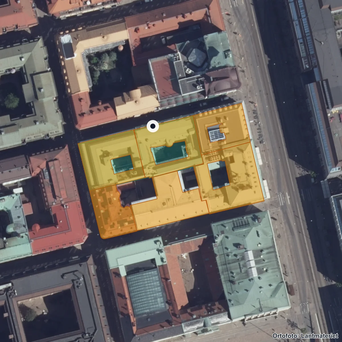 Flygbild över NTI Handelsgymnasiet Göteborg, ortofoto från Lantmäteriet