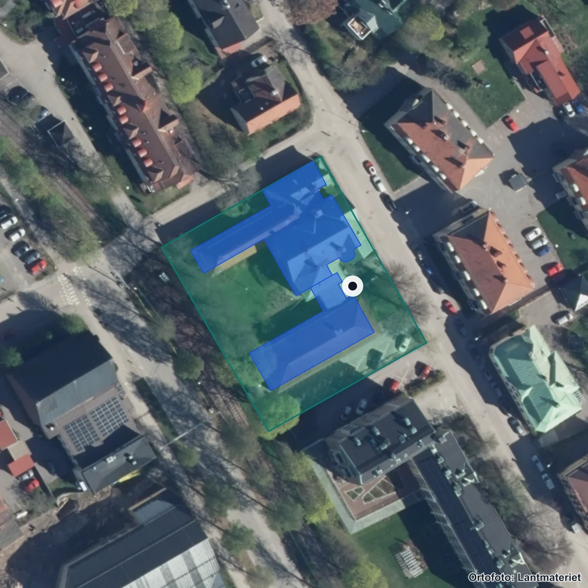 Flygbild över Musikkonservatoriet Falun, ortofoto från Lantmäteriet