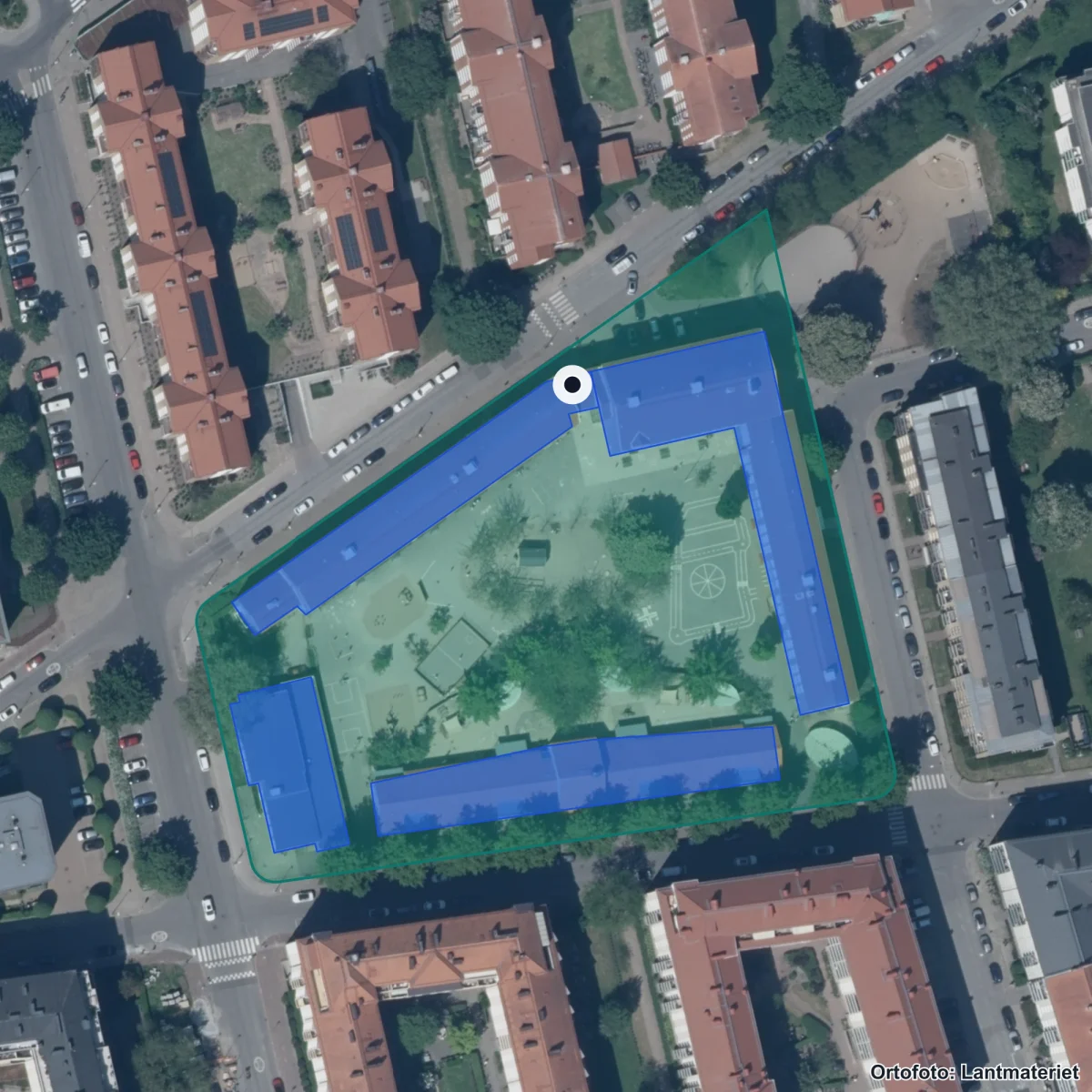 Flygbild över Ribersborgsskolan, ortofoto från Lantmäteriet