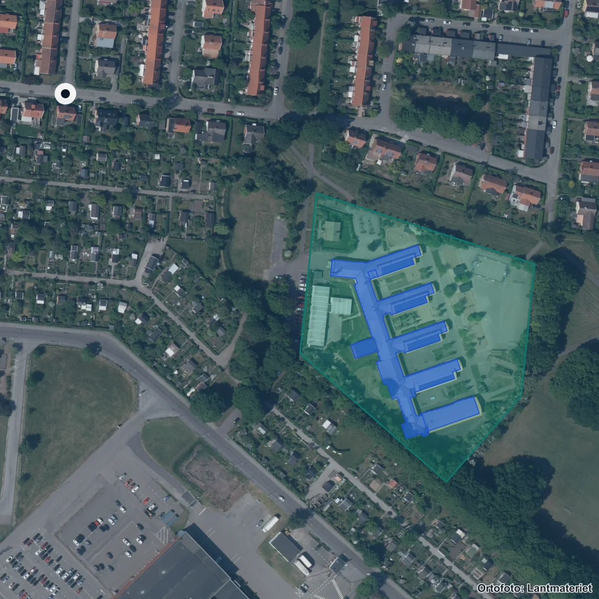 Flygbild över Palettskolan, ortofoto från Lantmäteriet