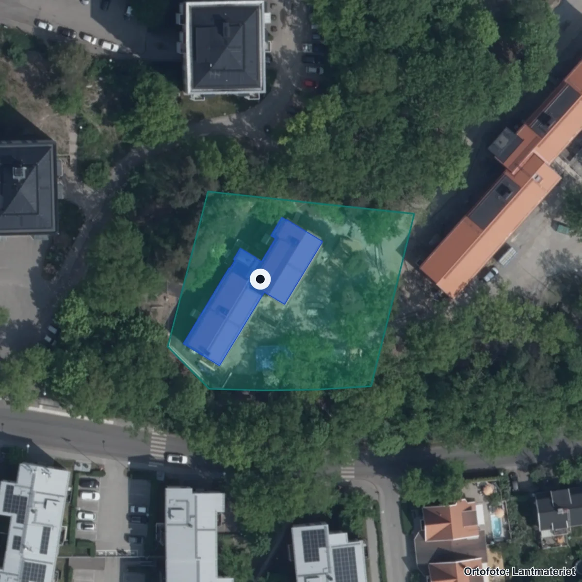 Flygbild över Sickla skola, ortofoto från Lantmäteriet