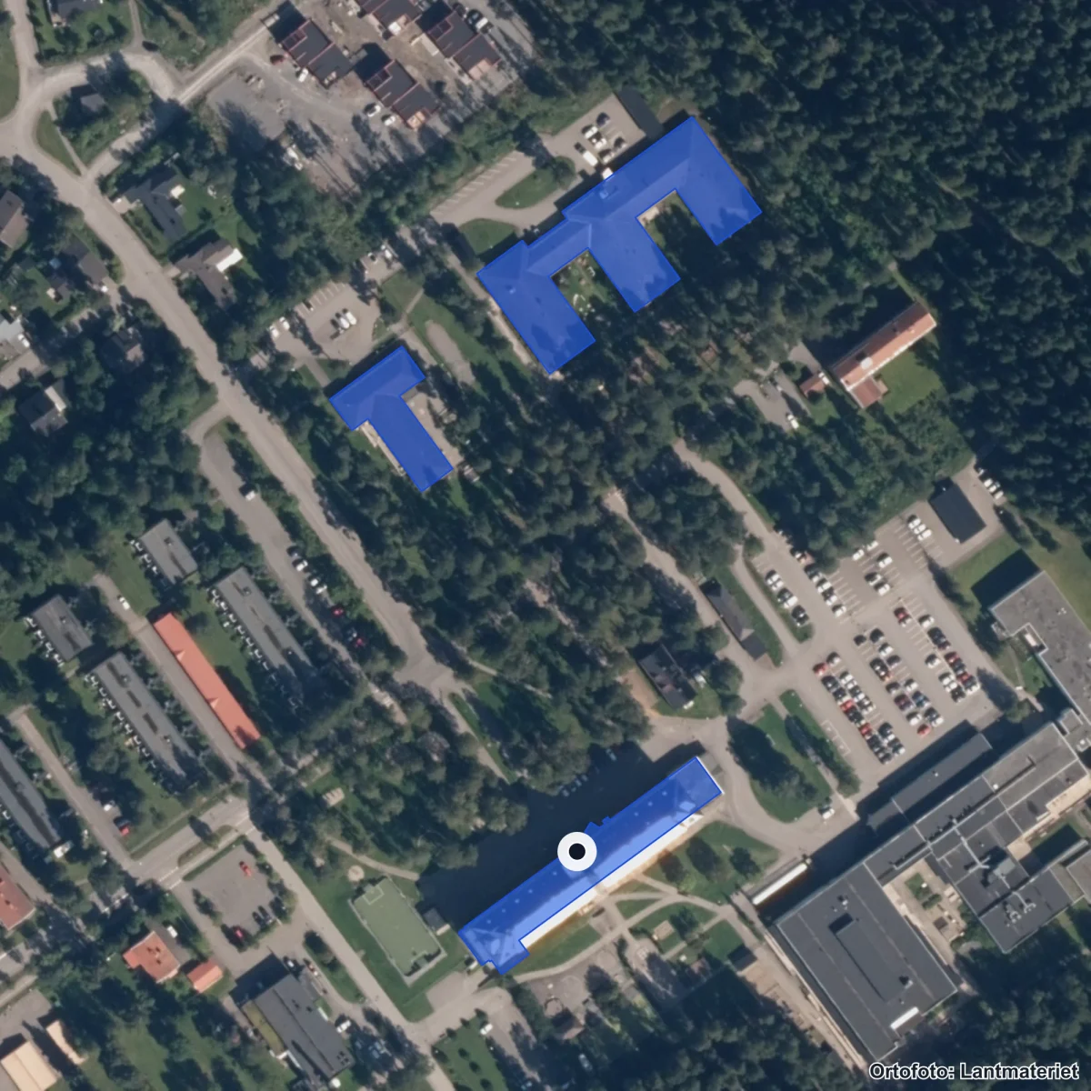 Flygbild över Innovitaskolan Östersund, ortofoto från Lantmäteriet