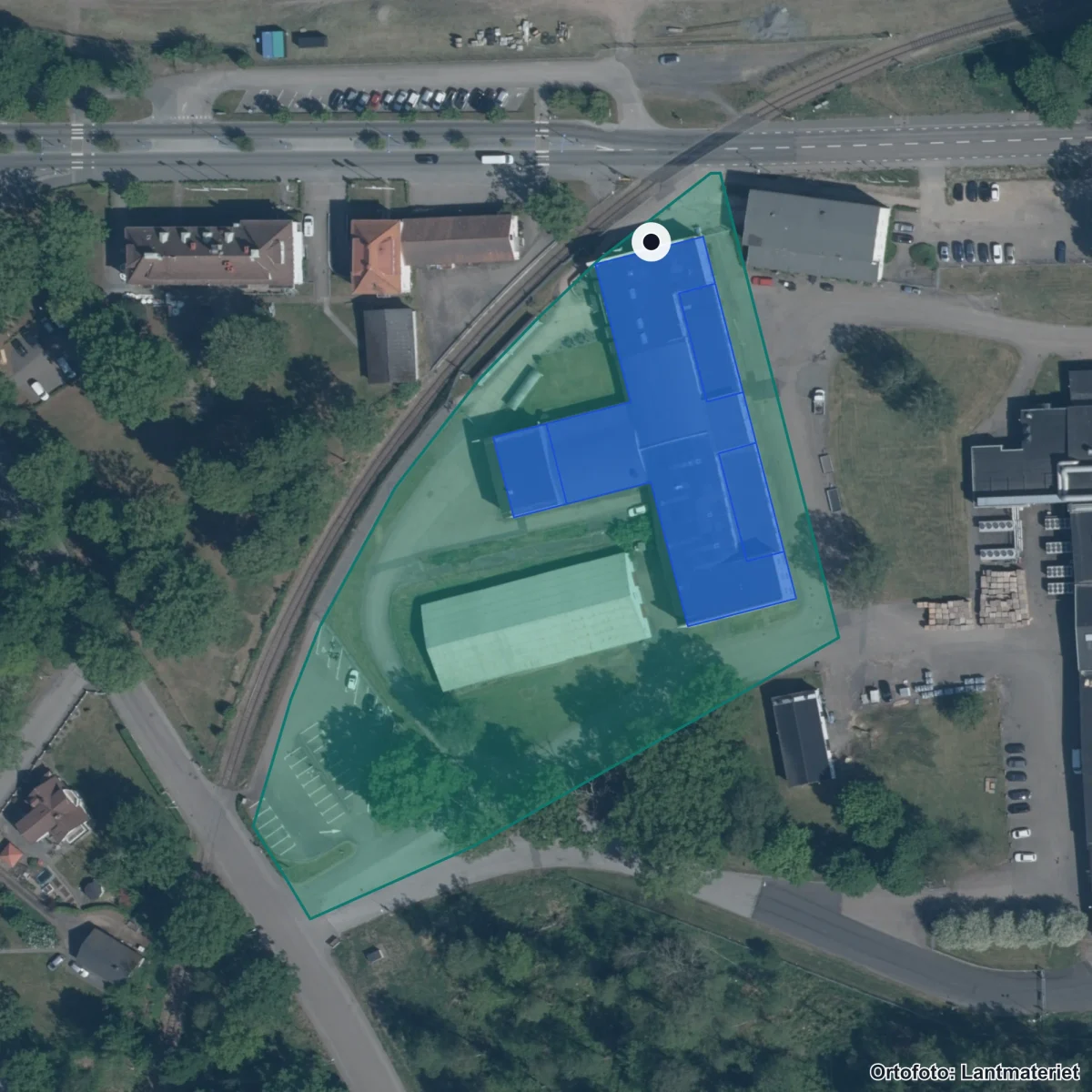 Flygbild över Perstorp Tekniska Gymnasium, ortofoto från Lantmäteriet